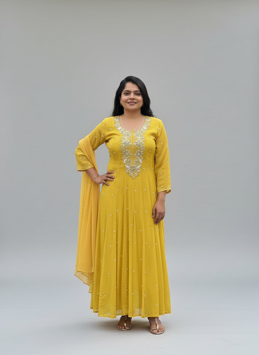 Yellow Anarkali Chinnon Hand Embroidery Kurtha 567