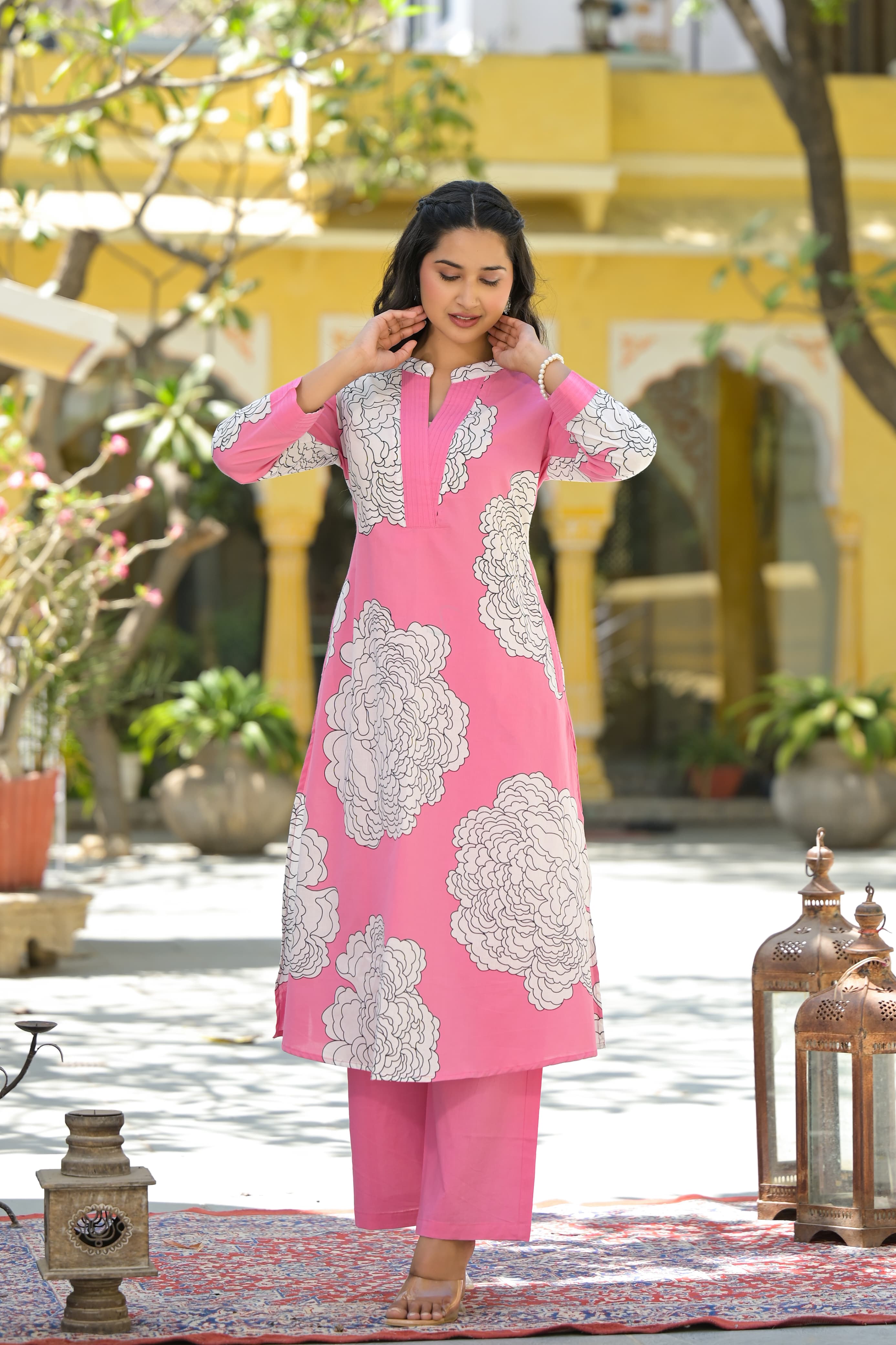 Pink Floral Print cotton 3pcs Kurtha suit with dupatta