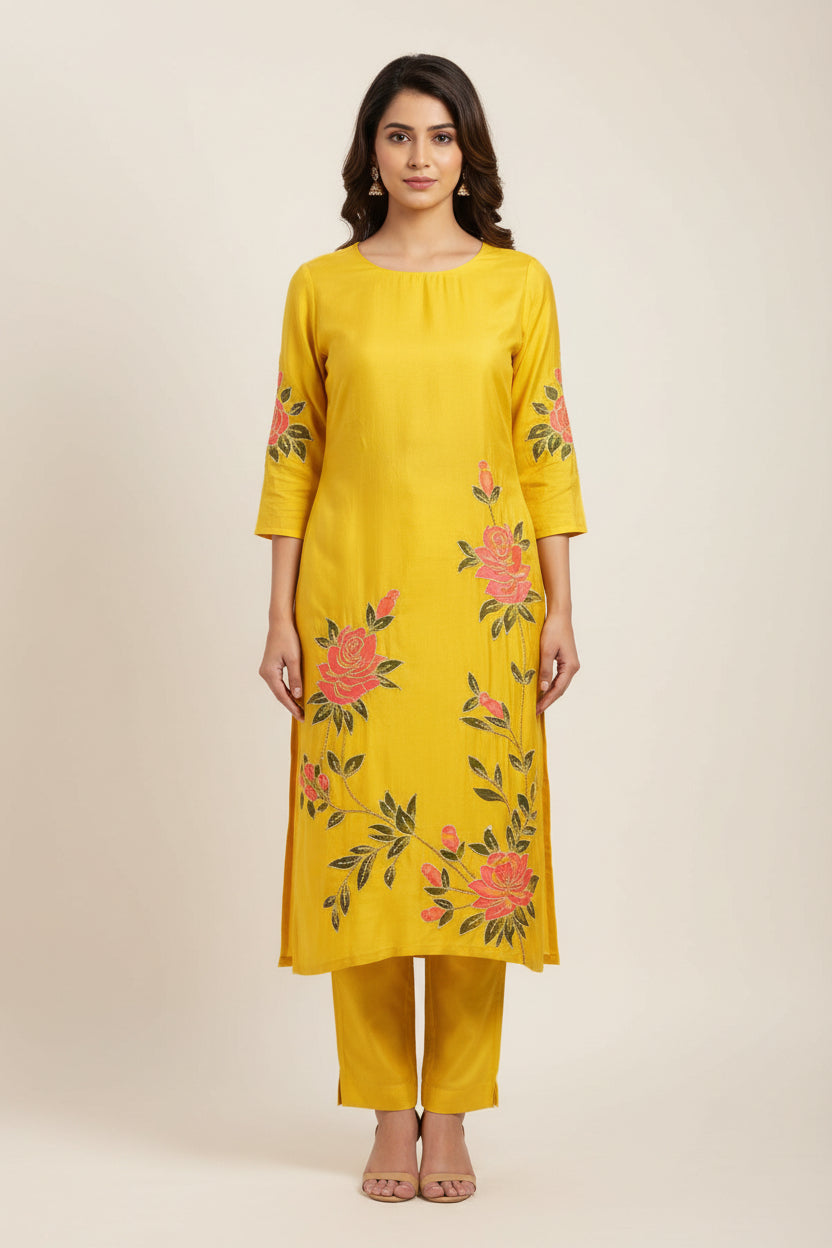 Yellow Dola Silk embroidery Kurtha set