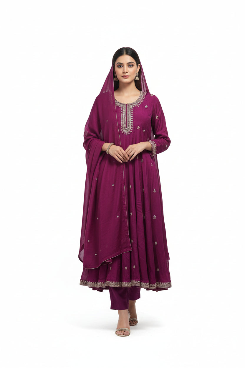 Pink Anarkali Chinnon Hand Embroidery Kurtha 567