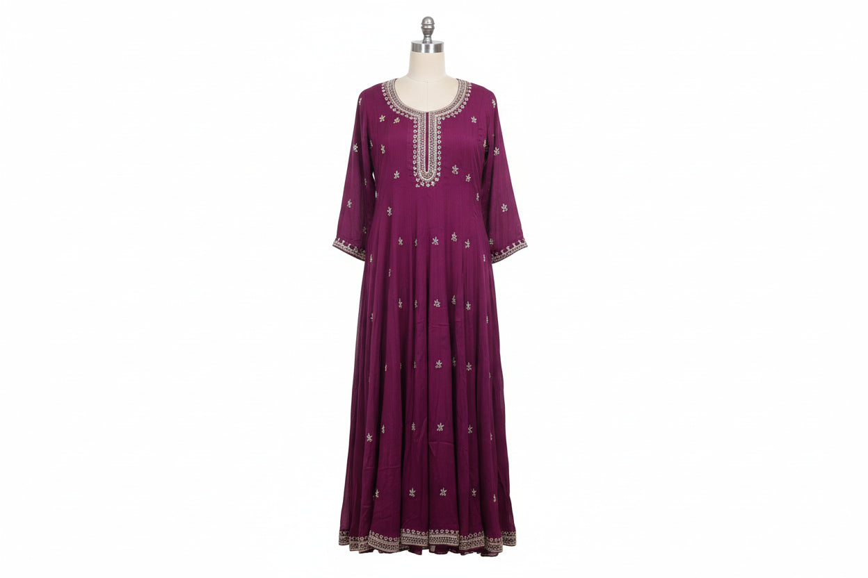 Pink Anarkali Chinnon Hand Embroidery Kurtha 567