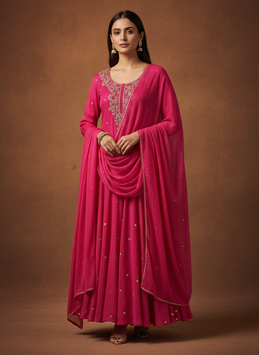 Pink Anarkali Chinnon Hand Embroidery Kurtha 567