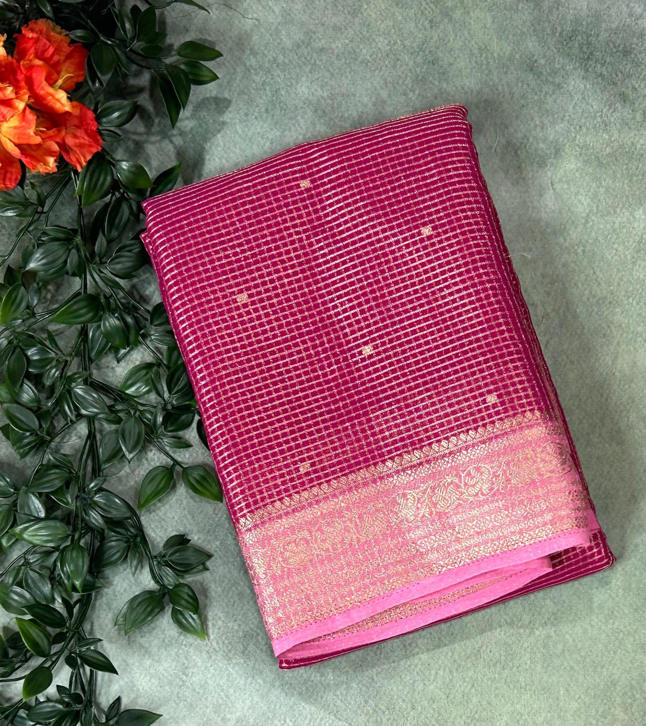 Rani pink small checks semi mysore crepe-12 saree