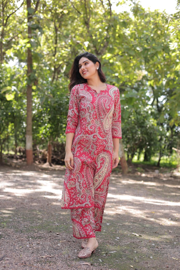 "KALI" Pink Kalamkari Mul Cotton Cord Set Kurtha