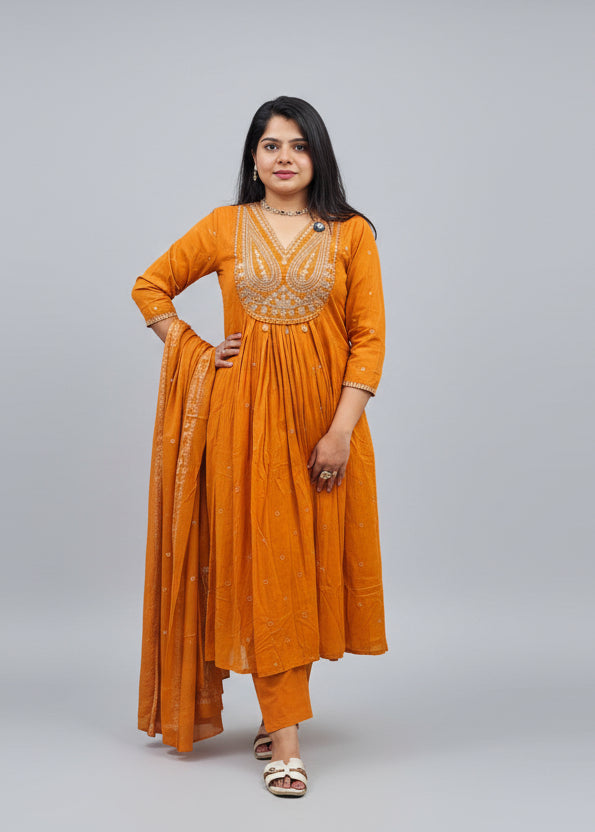Orange Cotton Hand Embroidery Airline Kurtha 677