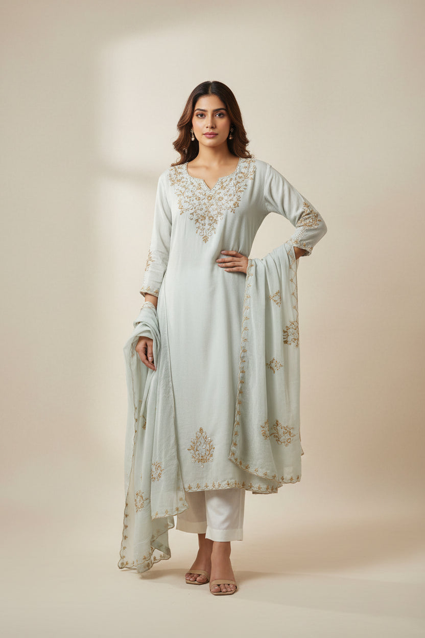 Sky Blue Airline Chinnon Hand Embroidery Kurtha 673