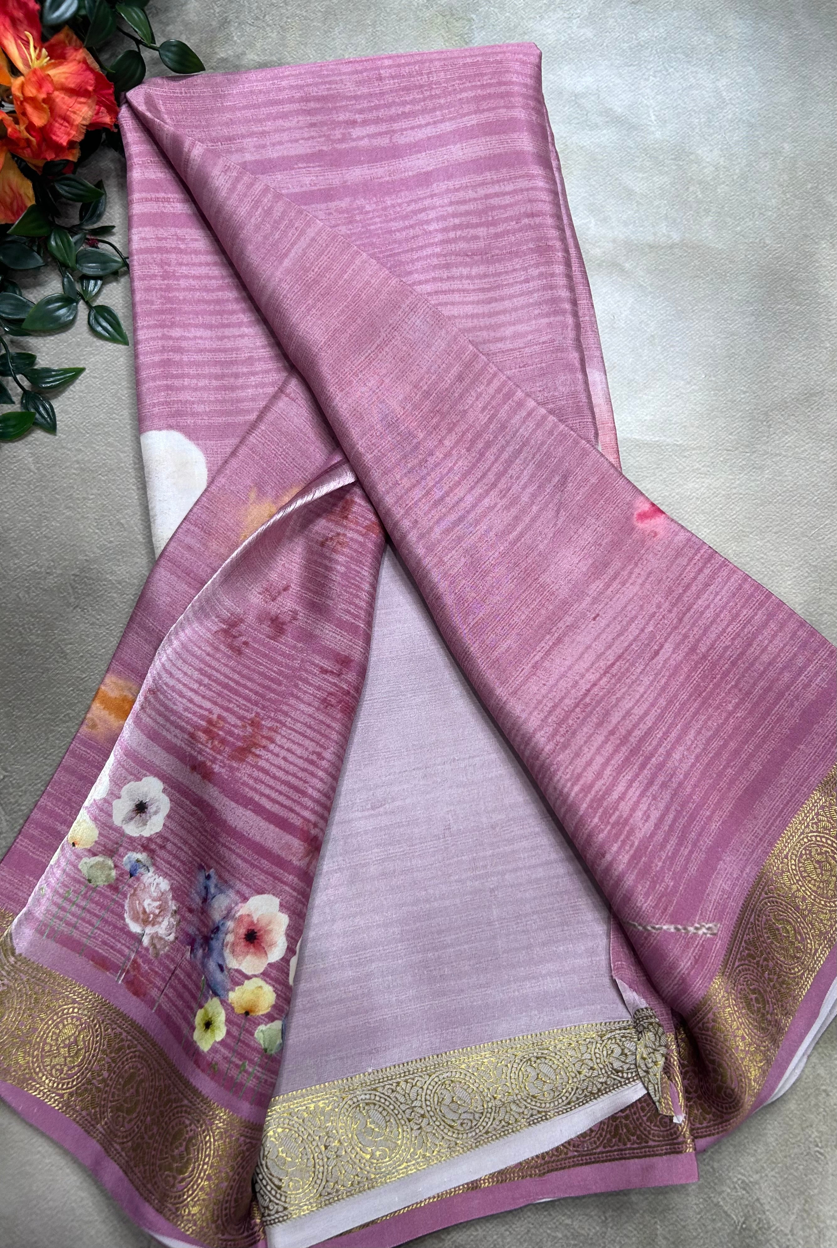 Onion pink digital print pure mysore silk saree(DMS106)