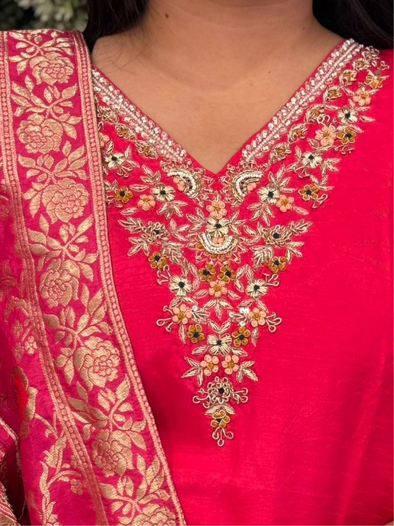 “Chandini" Pink silk Kurtha suit with work