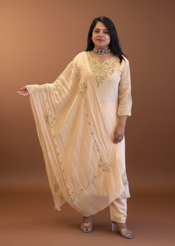 Cream Chinnon Hand Embroidery Airline Kurtha 673