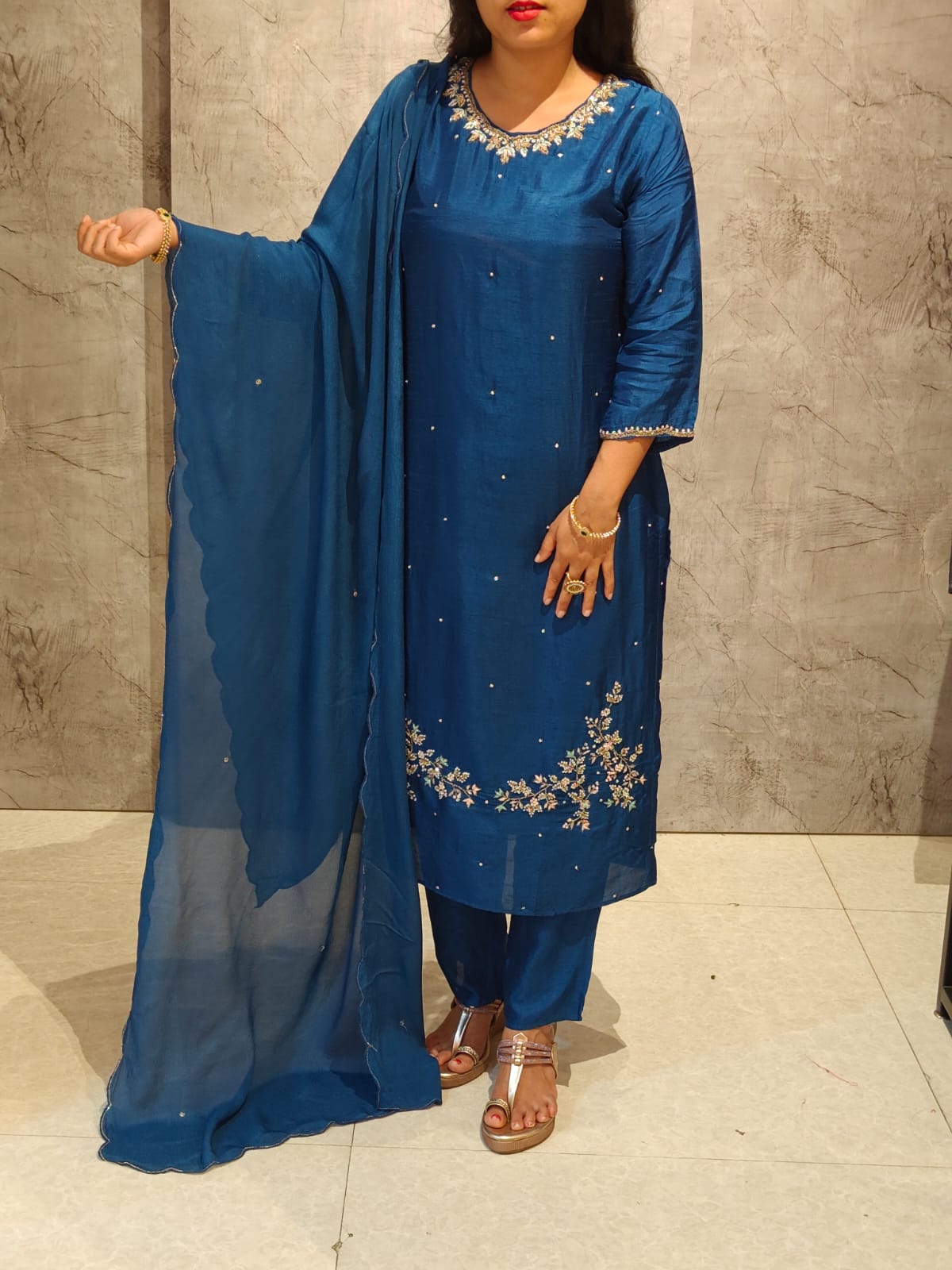 Dark Blue Dola Silk Hand Embroidery Straight Fit Kurtha 543