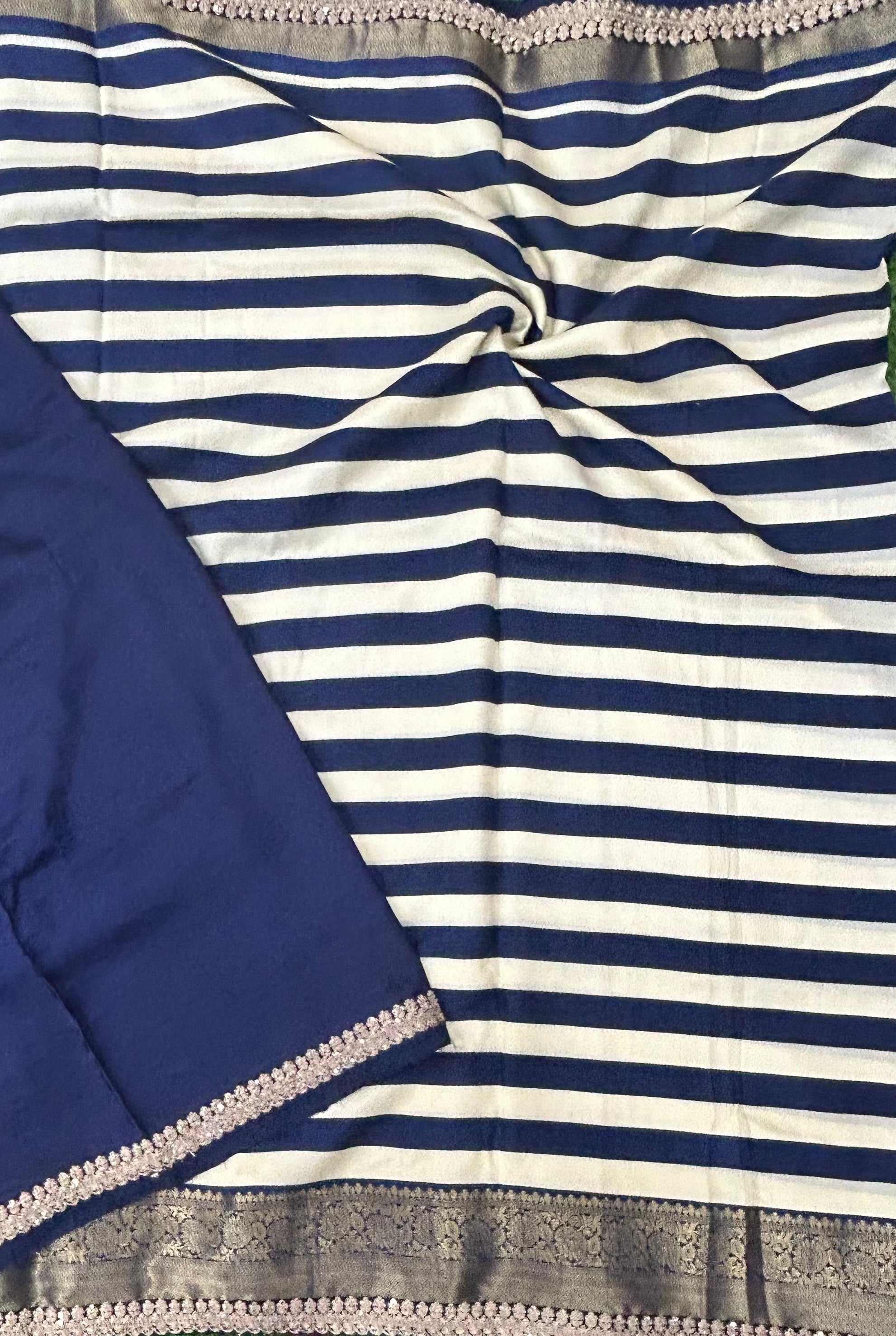 Blue stripes scallop dola crepe saree