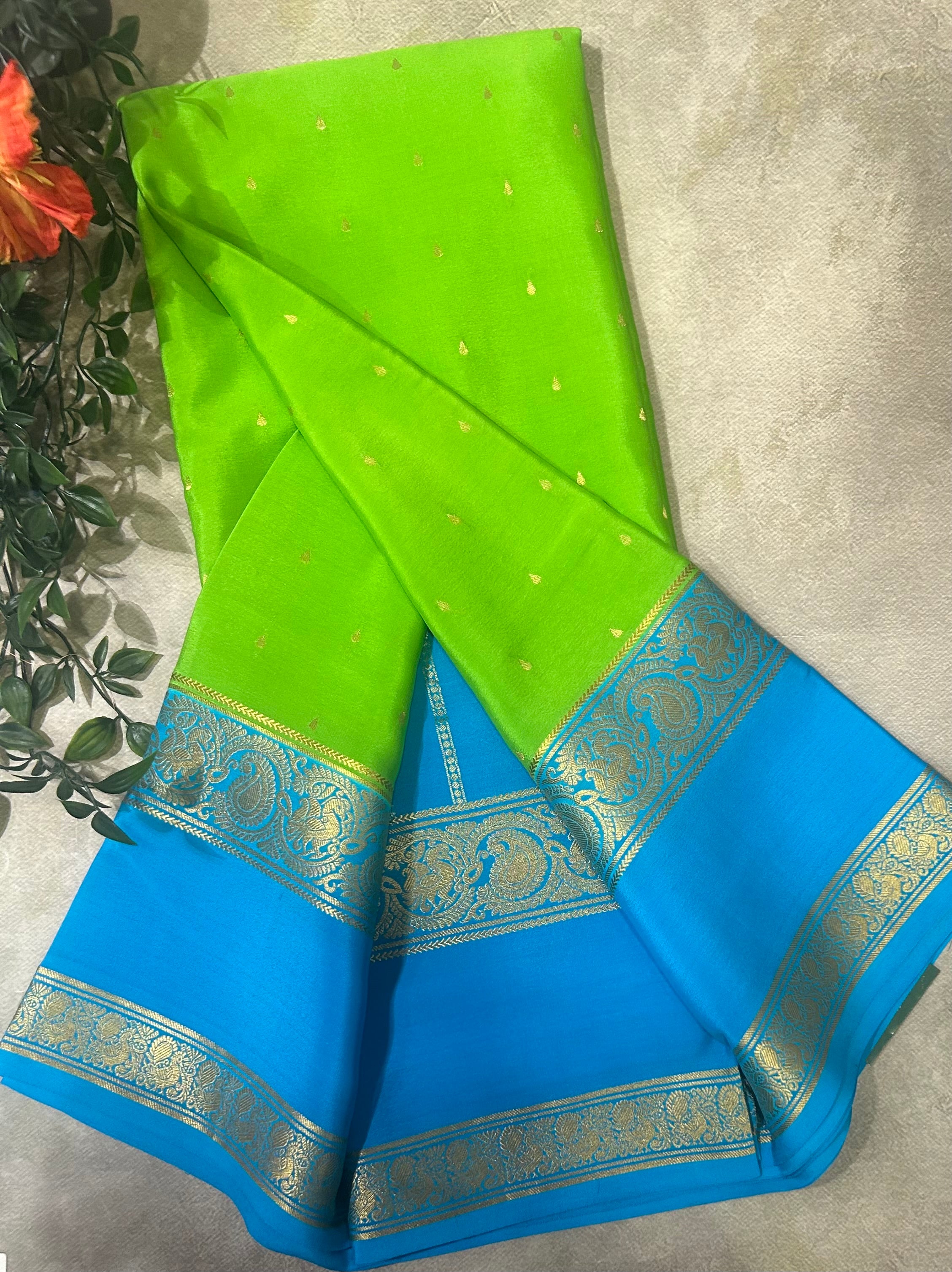 Parrot green bentex border pure Mysore silk 105 saree