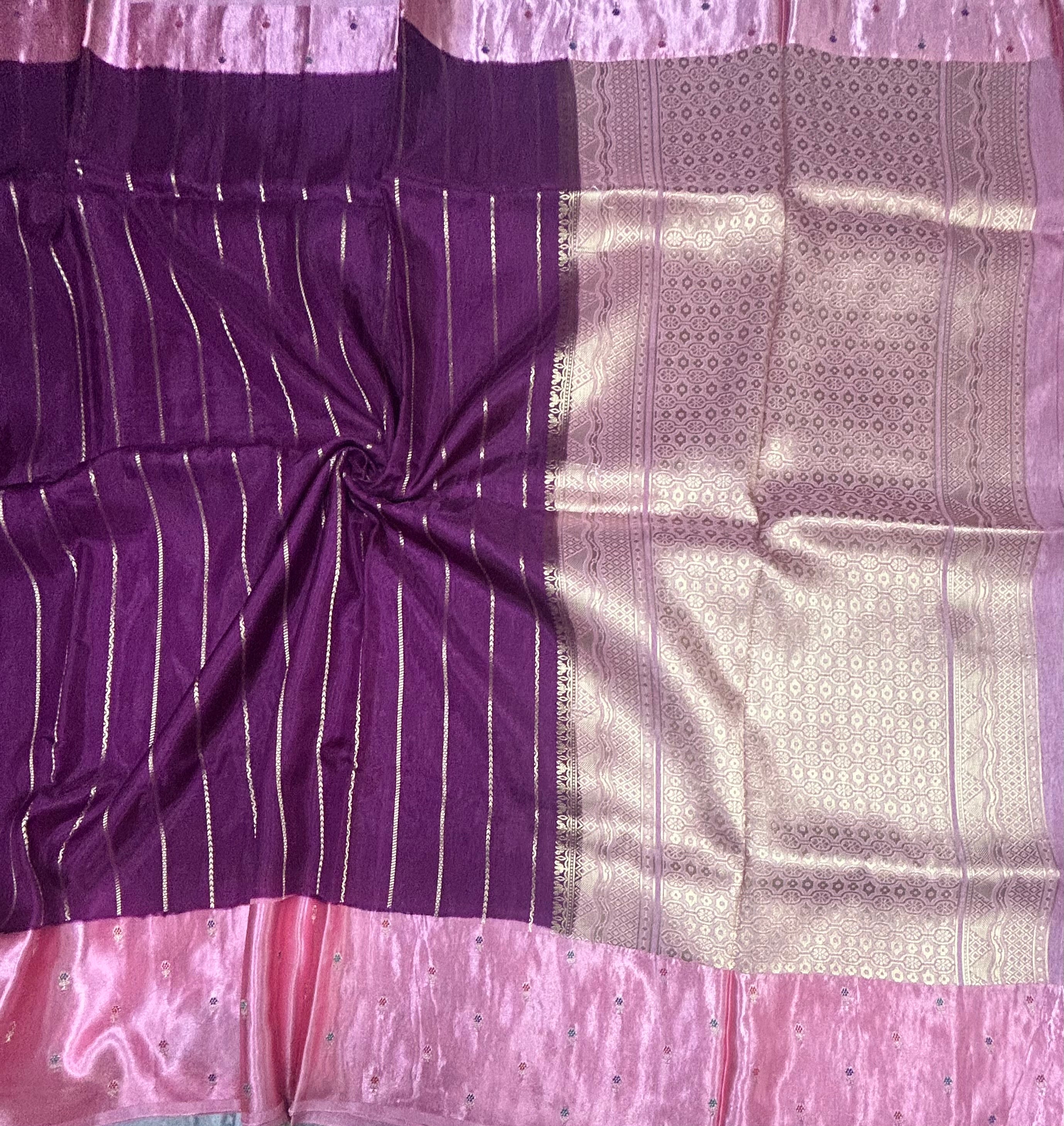 Purple contrast satin border semi Mysore crepe 105 saree