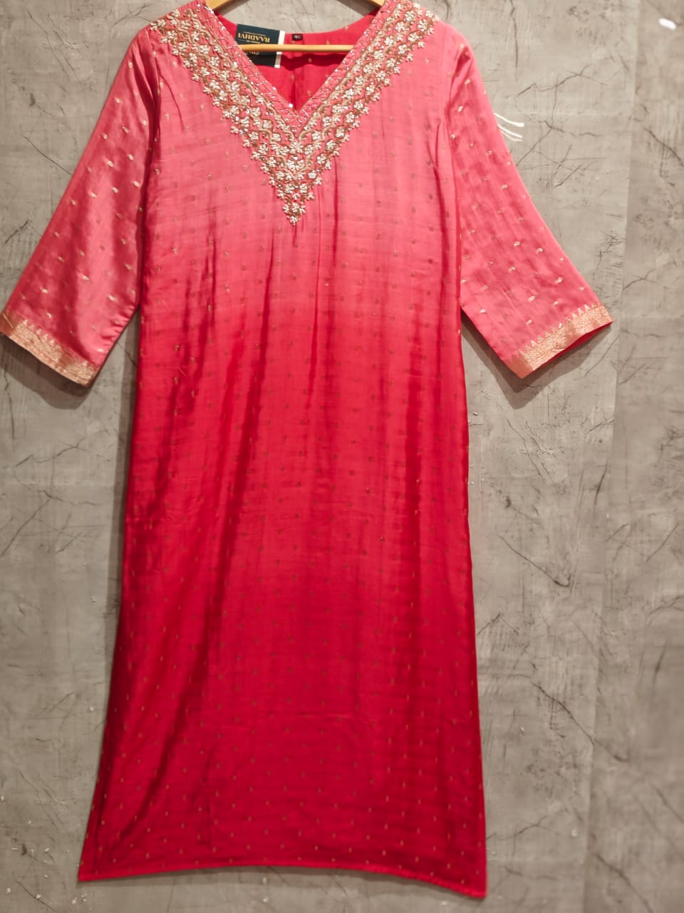 Pink Silk Hand Embroidery Straight Fit Kurtha
