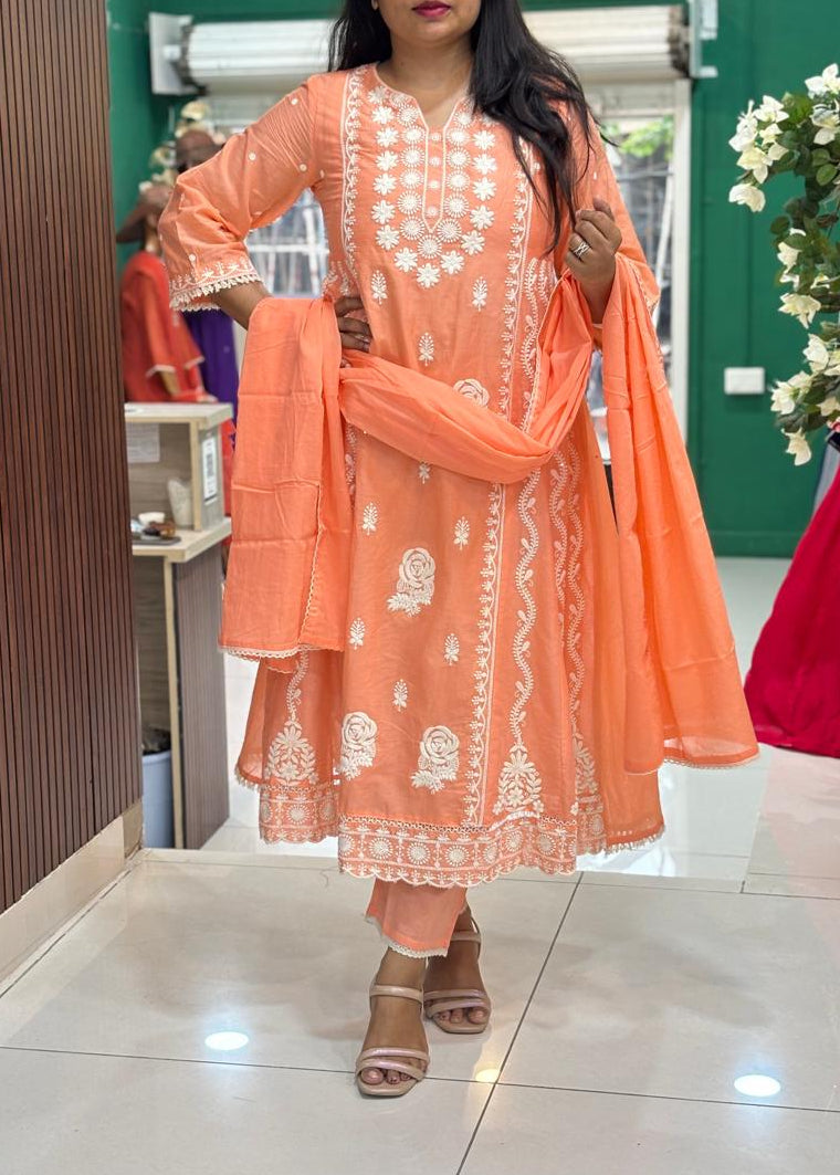 Orange Mul Cotton Chikankari Work Straight Fit Kurtha 459