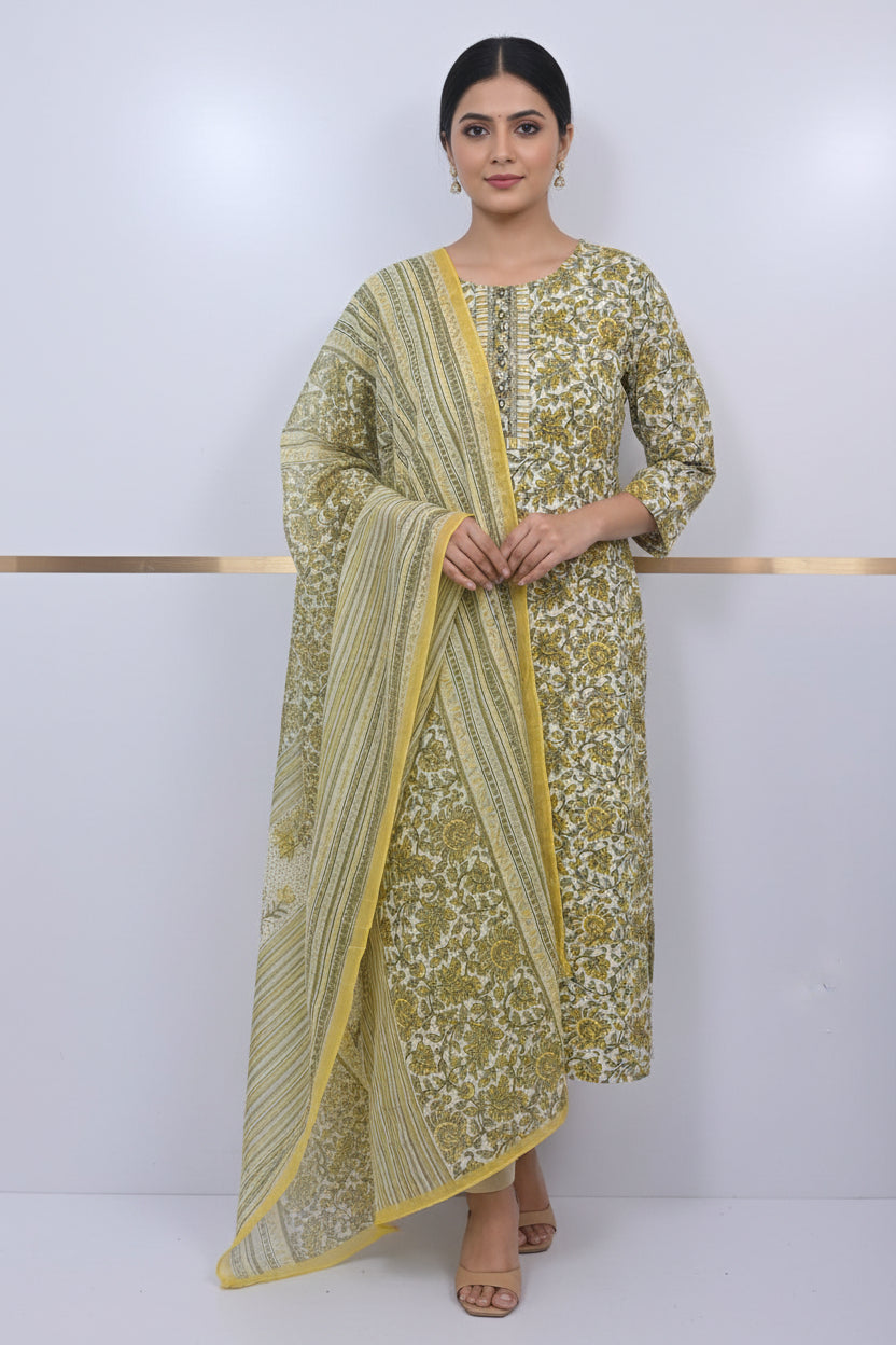 Green Cotton Block Print Straight Fit Kurtha
