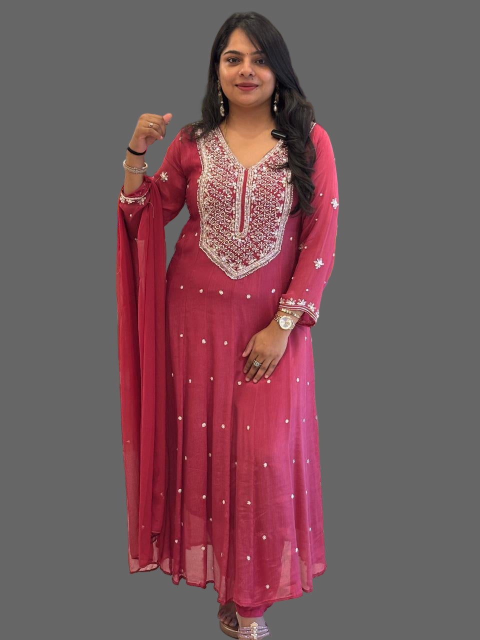Pink Anarkali Chinnon Hand Embroidery Kurtha 567