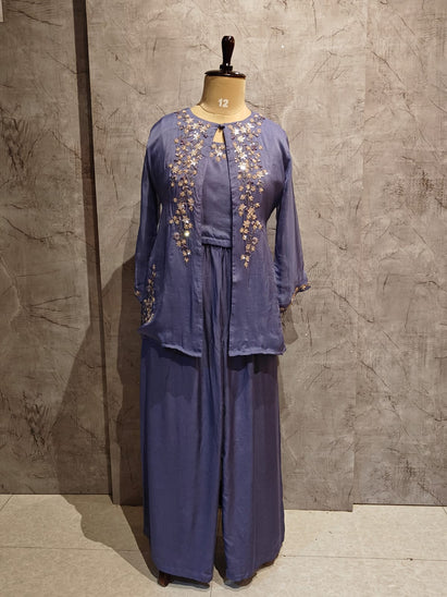 "PARI" Purple Designer Kurtha 43 Set with pearl handwork   Top, Palazoo and Jacket Indo-western cape