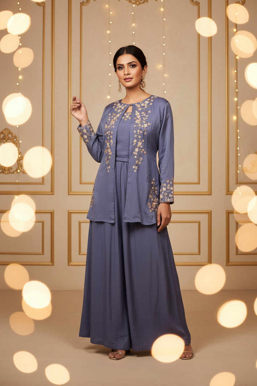"PARI" Purple Designer Kurtha 43 Set with pearl handwork   Top, Palazoo and Jacket Indo-western cape