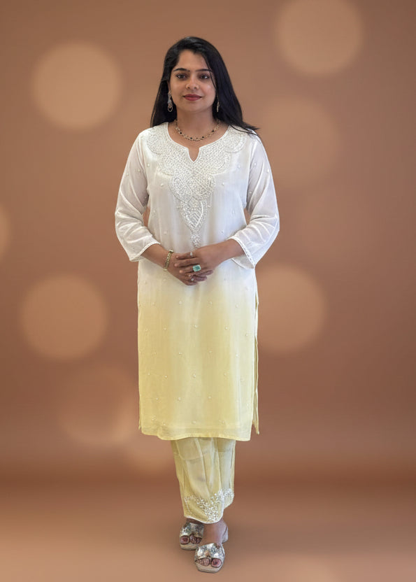 White nd Yellow Chinnon Hand Embroidery Cord Set Kurtha 487