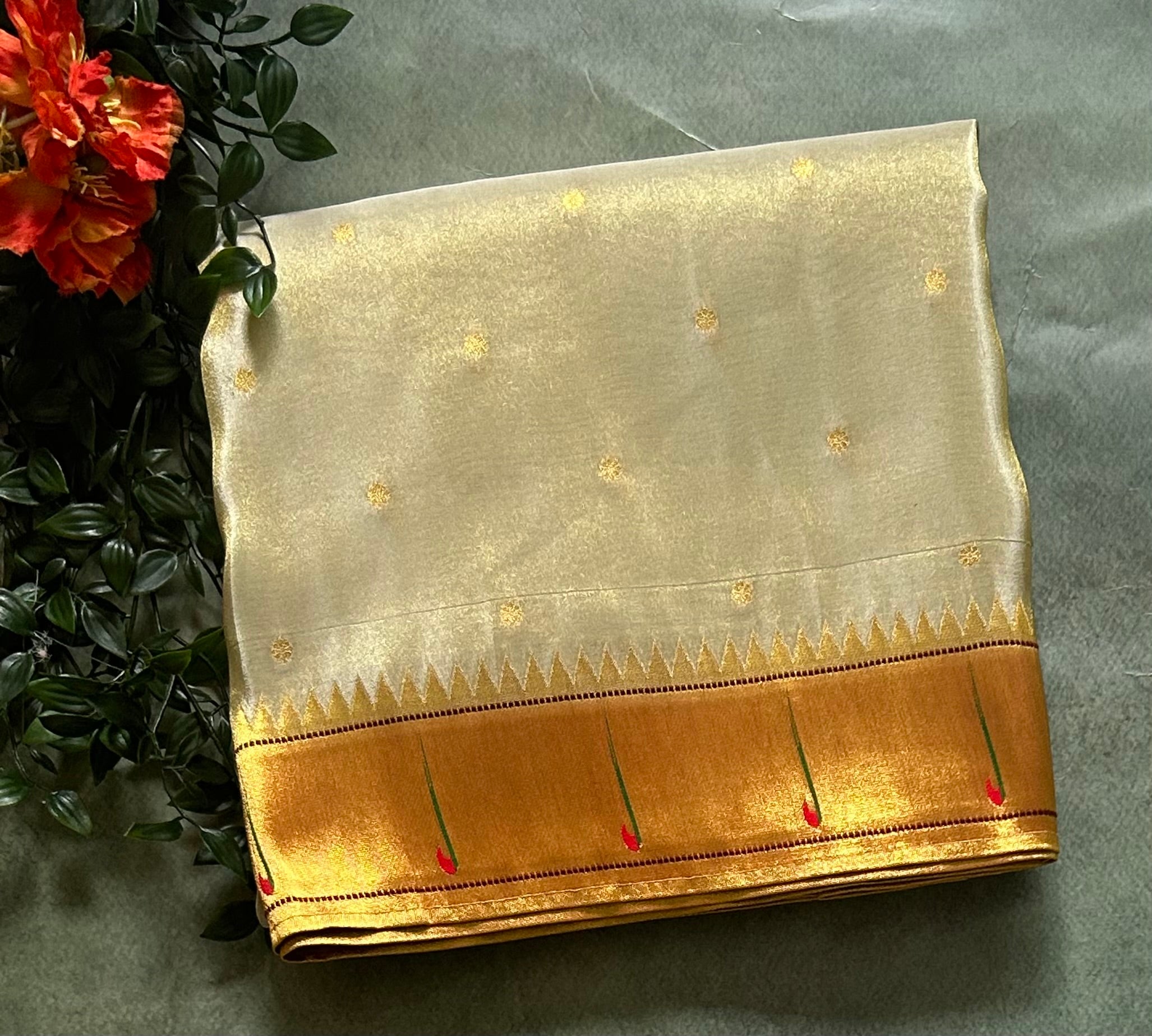 Cream small Butta tissue Paithani border 104 saree