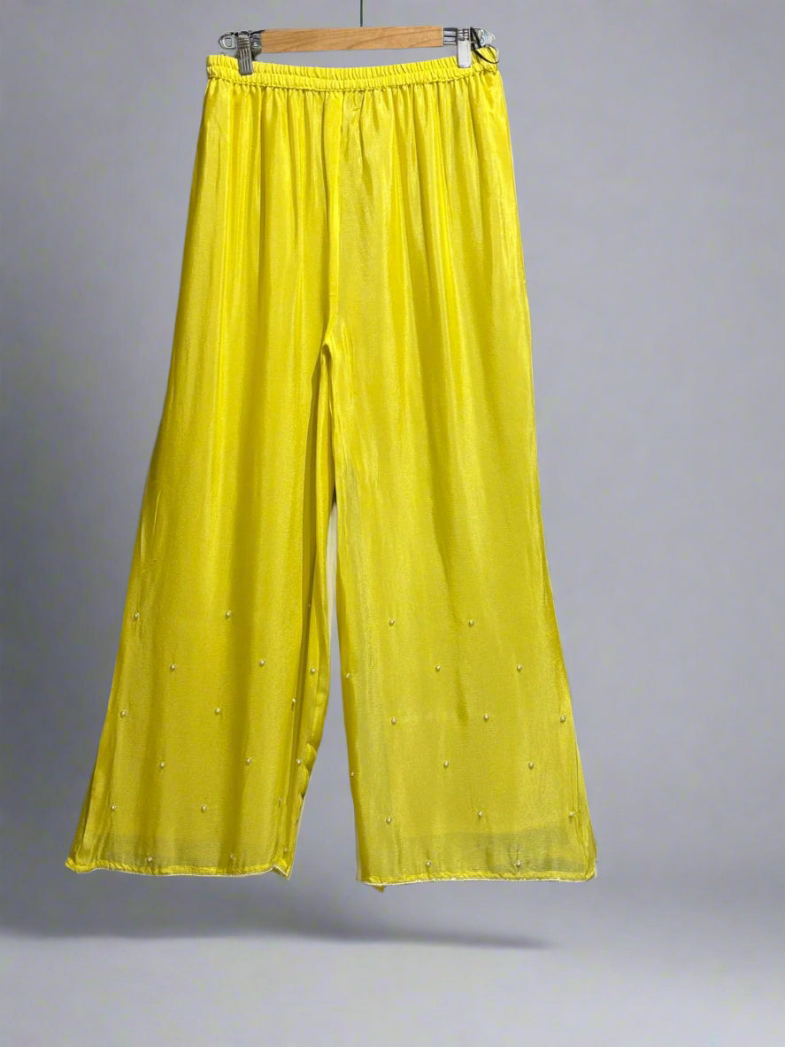 "PARI" Lemon Yellow Designer Kurtha Set with Handwork and Palzoo Pant