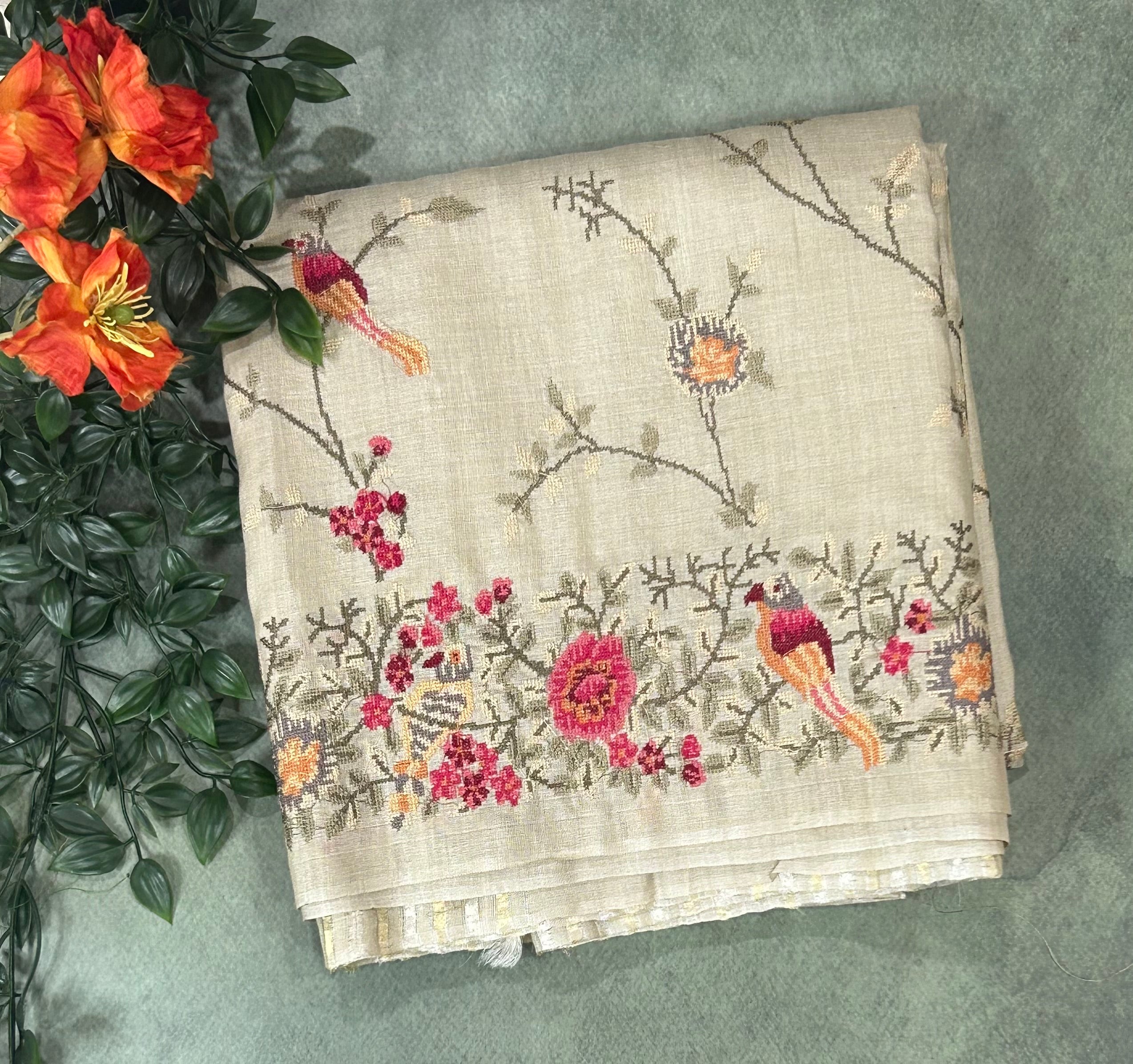 Cream petite point pure handloom  tussar silk-12 saree