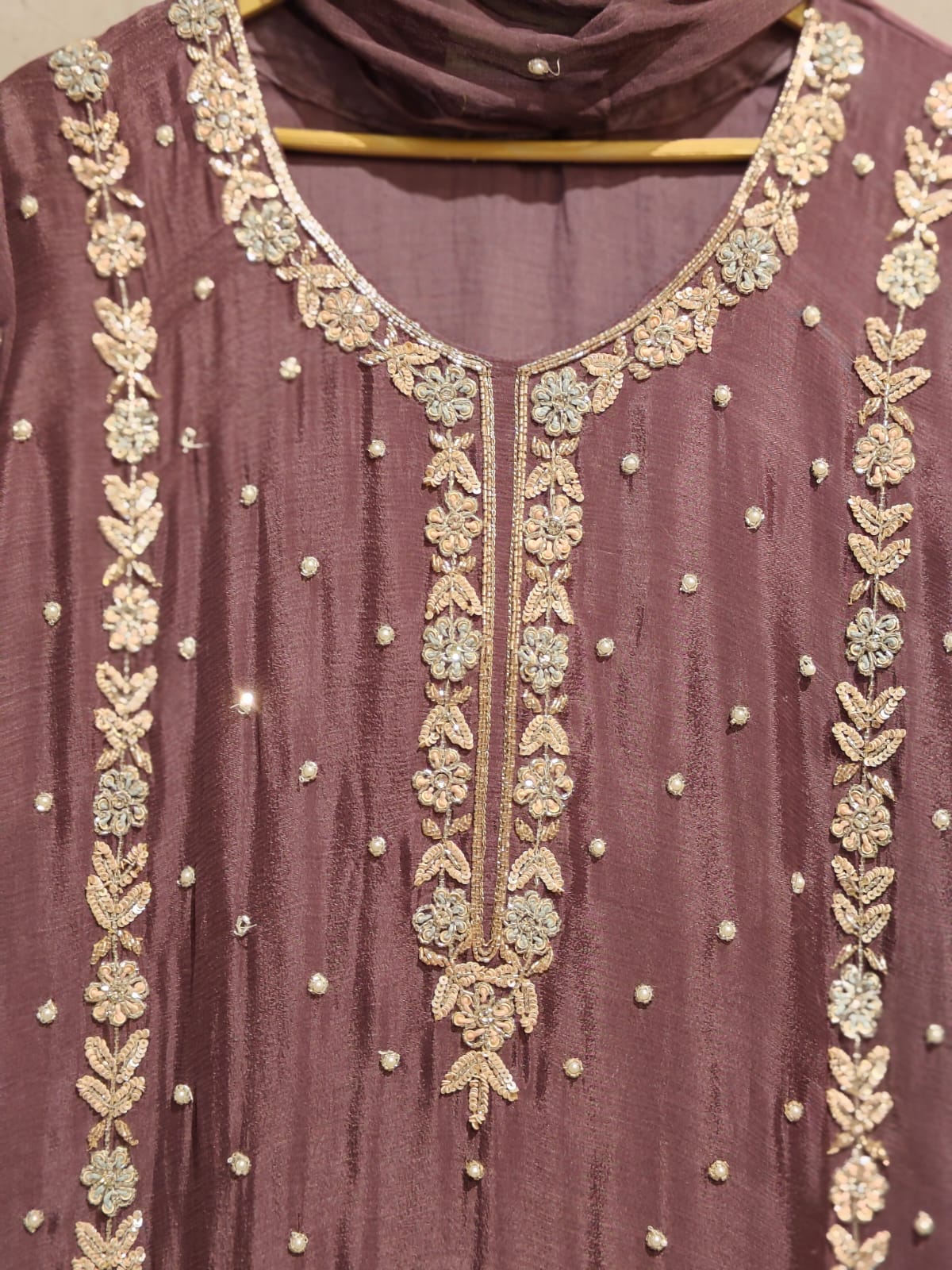 “Pari" Purple chinnon Crepe  handwork party ware Kurtha 44 set