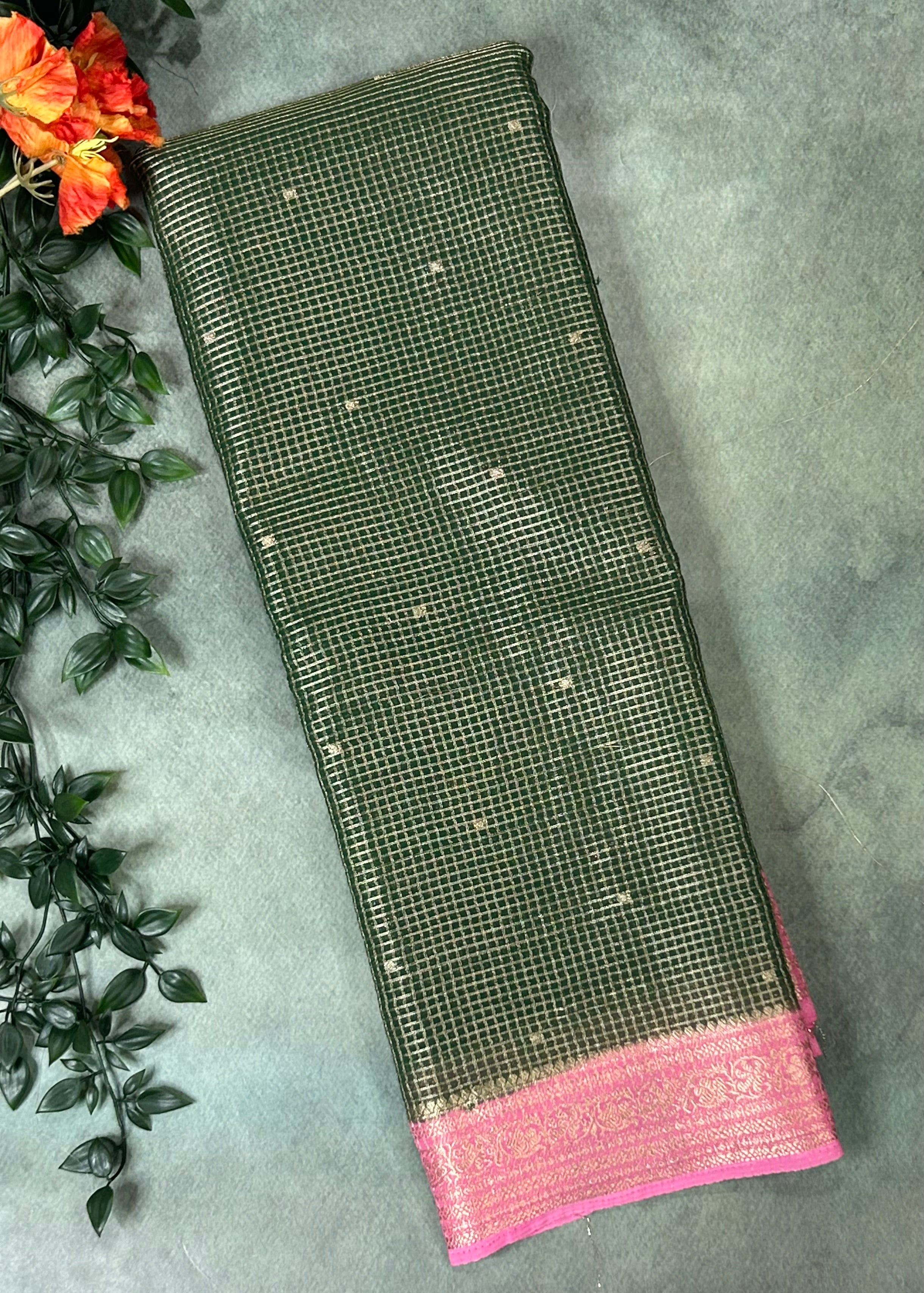 Green small checks semi mysore crepe-12 saree