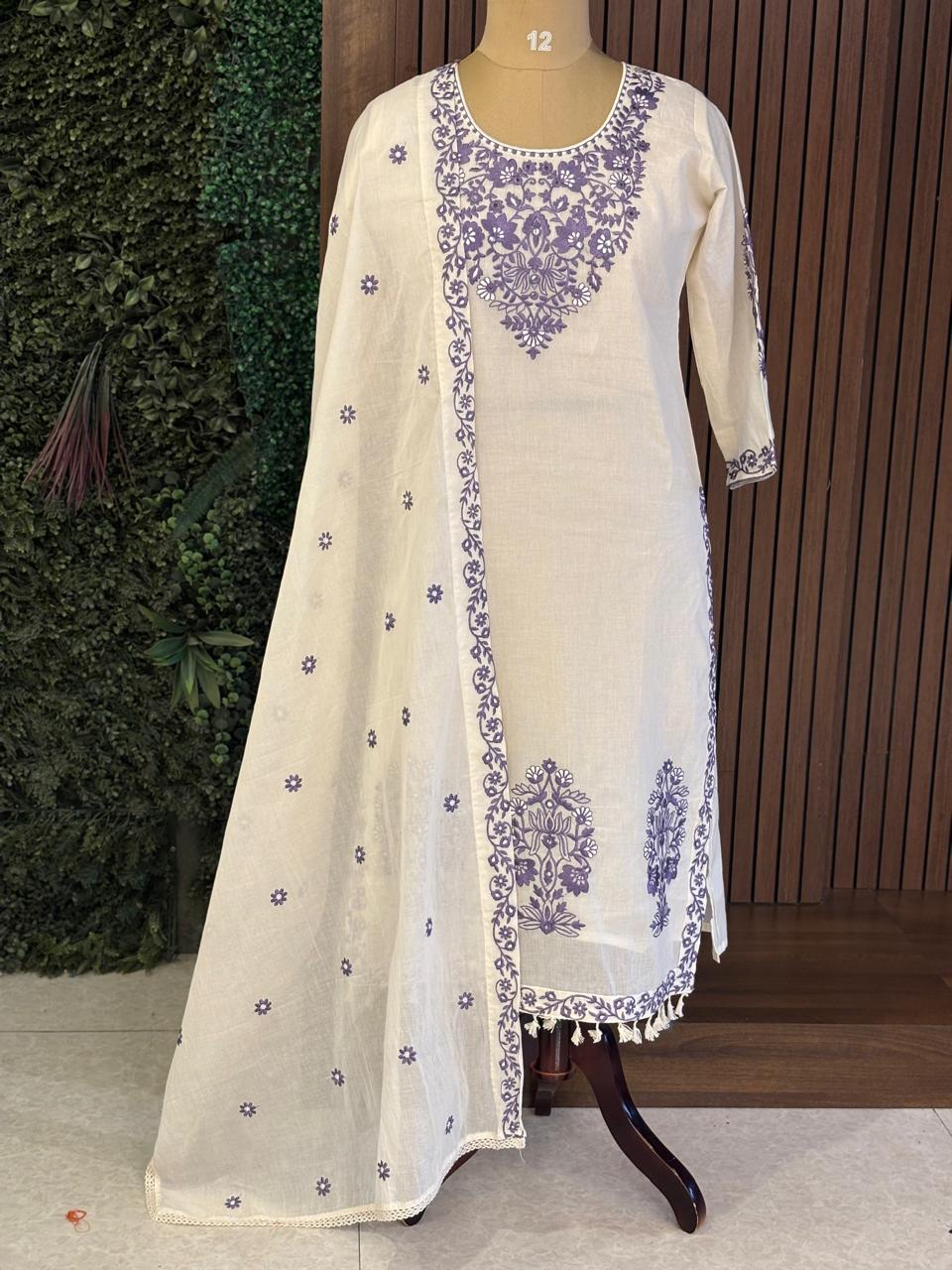 White Cotton Thread Embroidery Work Straight Fit Kurtha 482