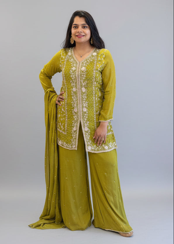 Pista Green Chinnon Hand Embroidery Sharara Kurtha 301