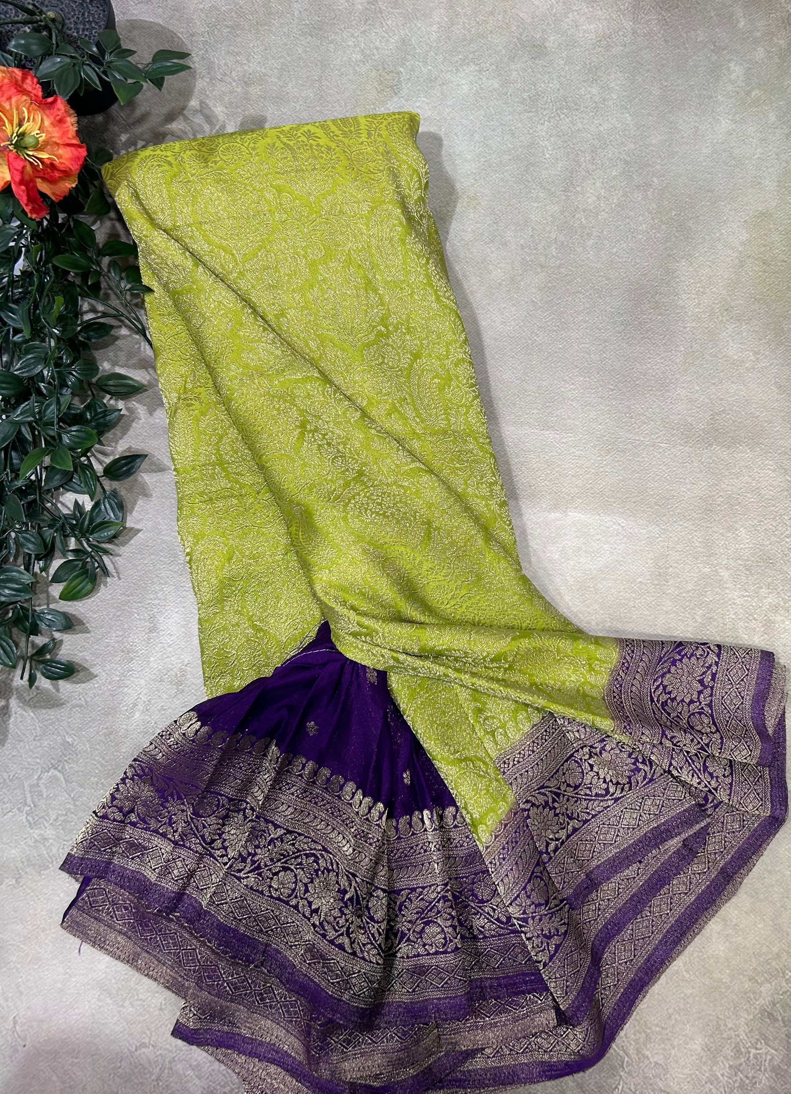 Neon green brocade semi georgette 105 saree