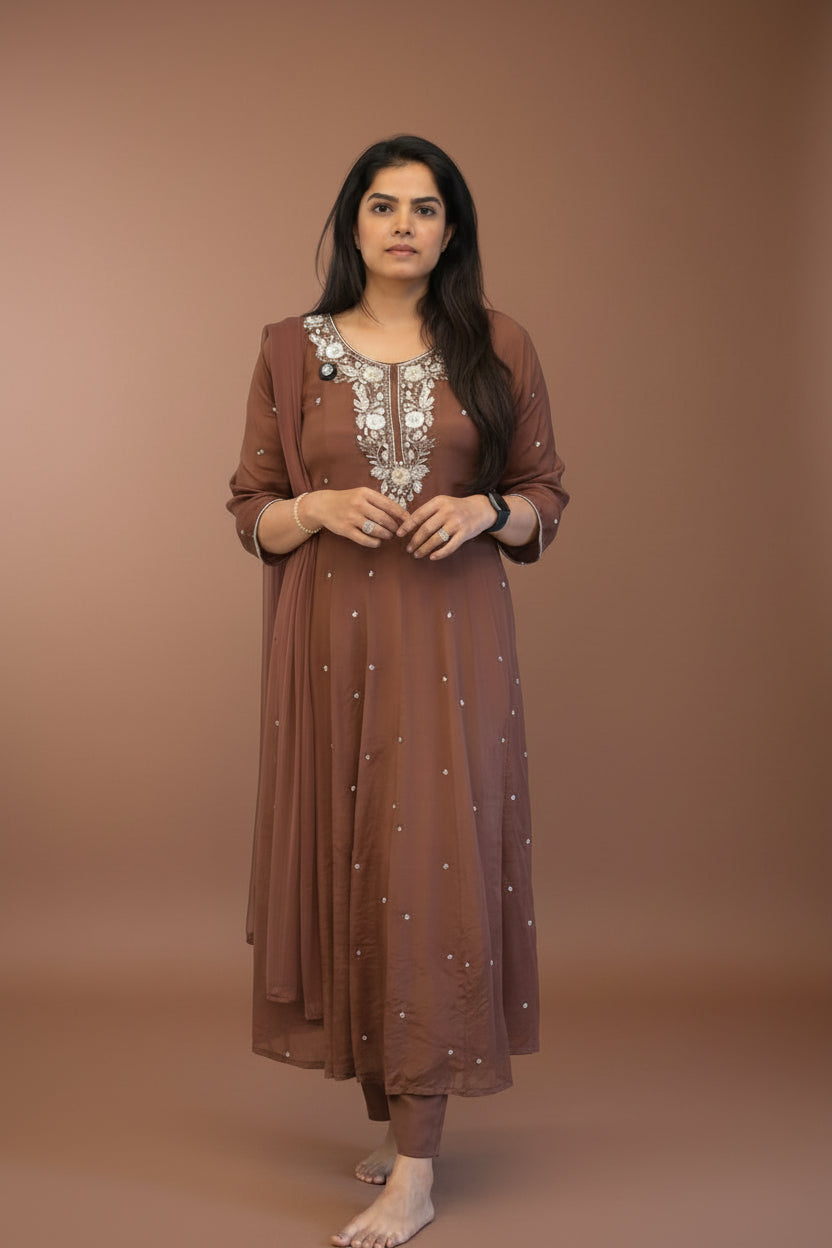 Brown Anarkali Chinnon Hand Embroidery Kurtha 567