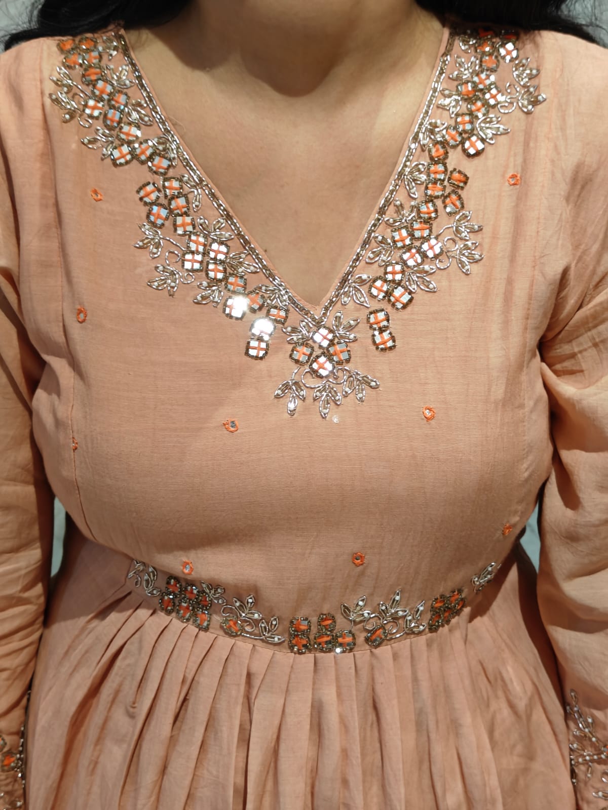 Peach Mul Chanderi Hand Embroidery Airline Kurtha 088