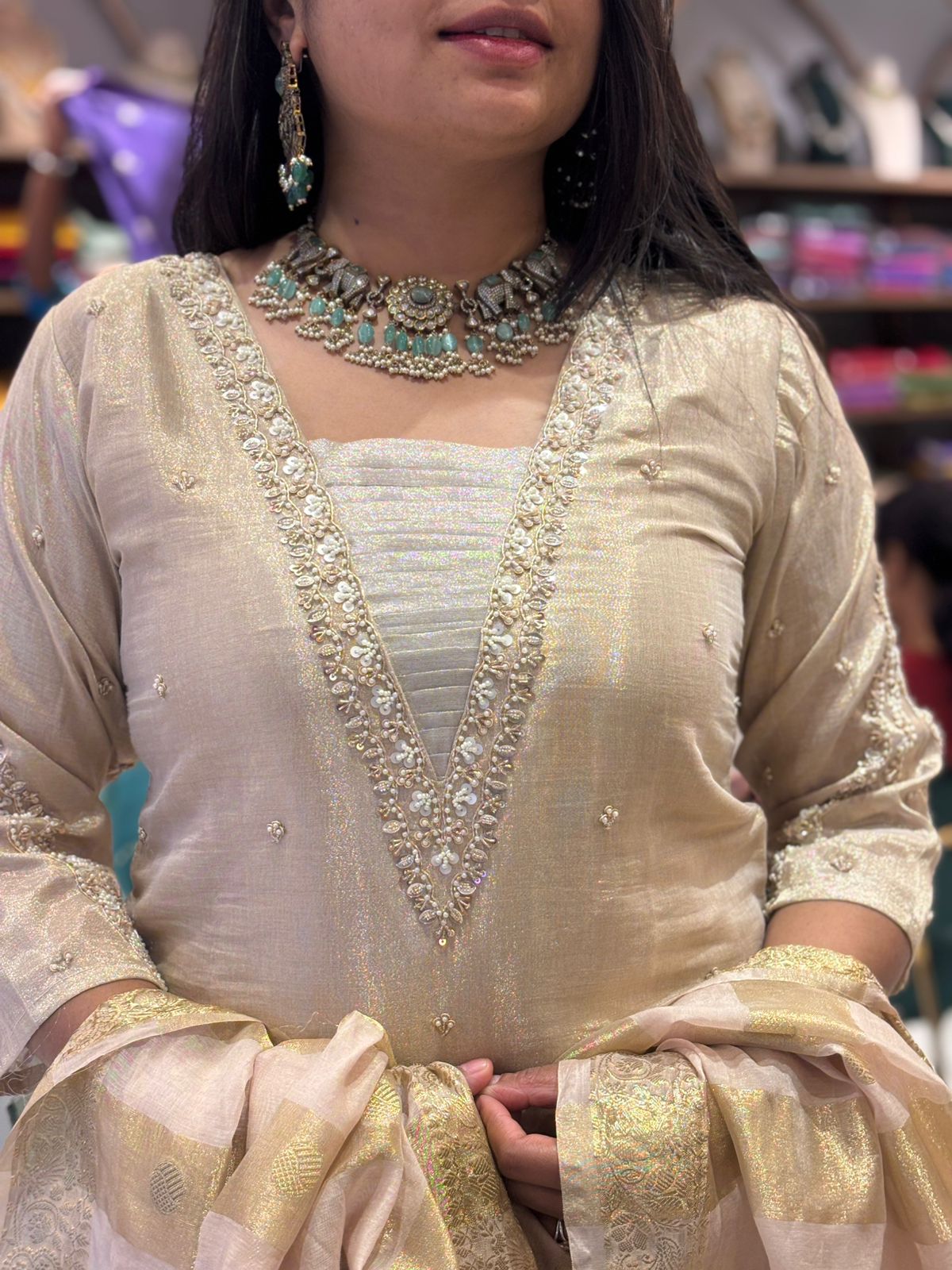 Gold Shimmer Tissue Hand Embroidery Kurtha 151