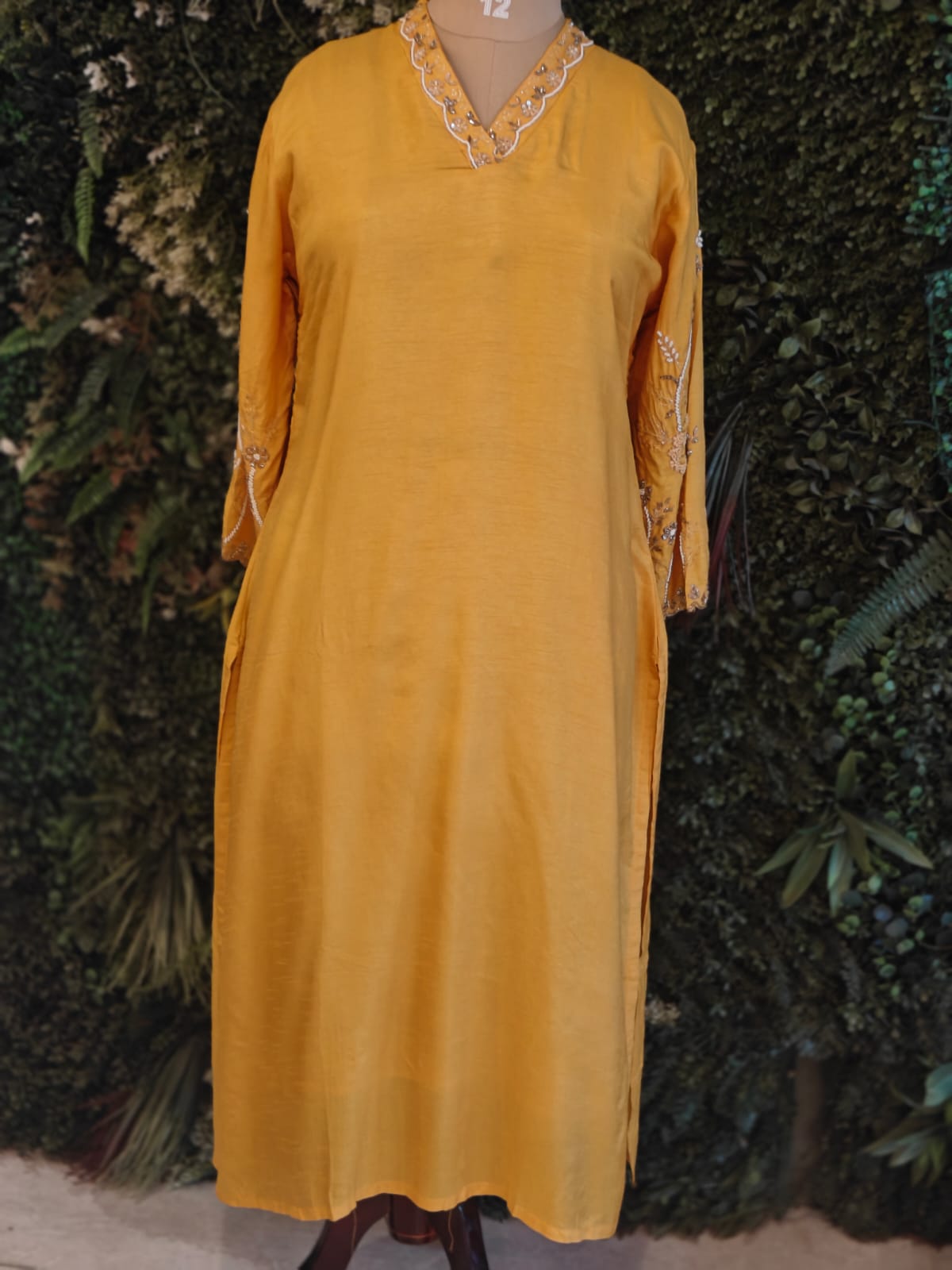Yellow Dola Silk Handwork Straight Fit Kurtha 459