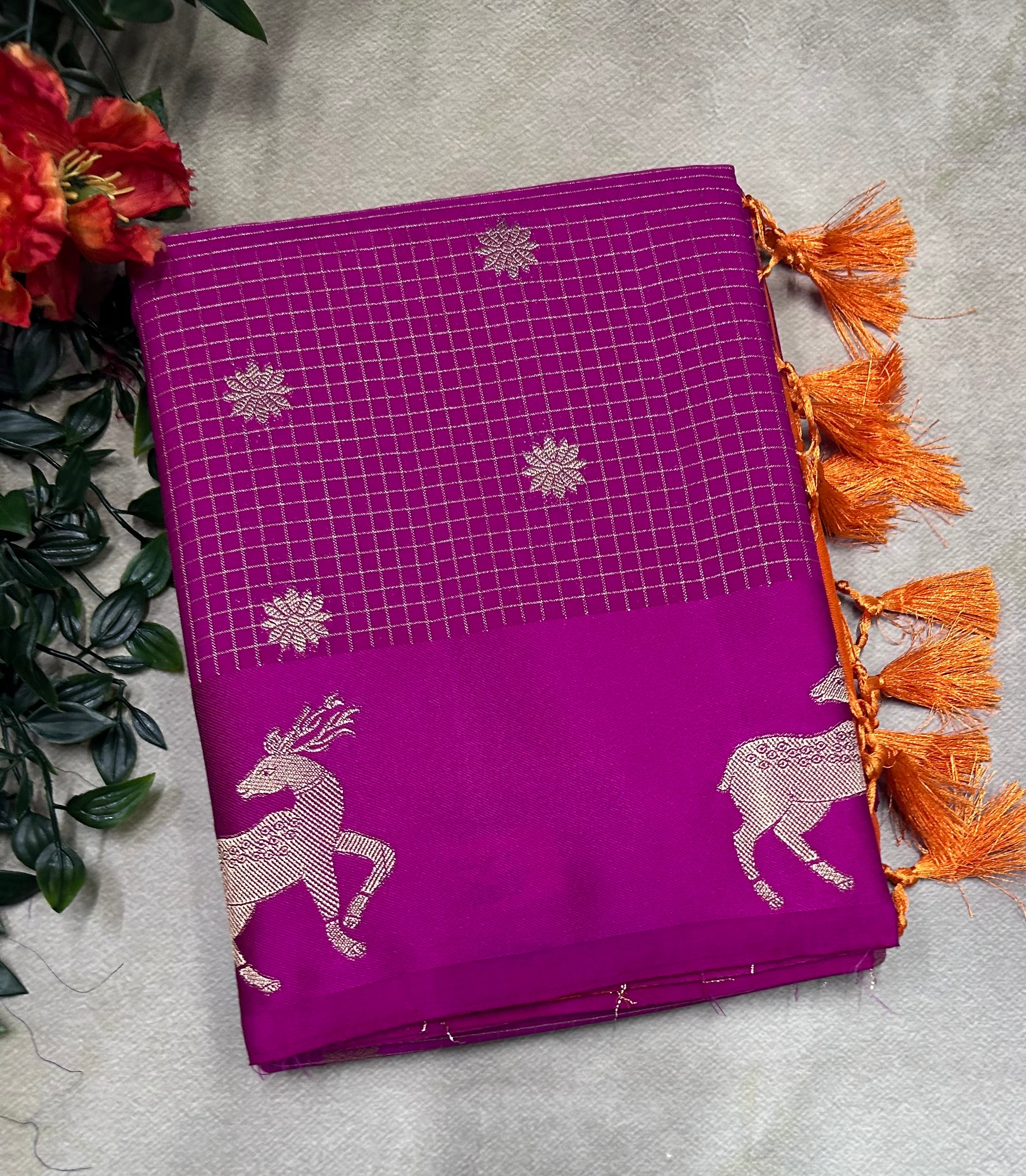Pink small checks semi Mysore crepe saree(SMC106)