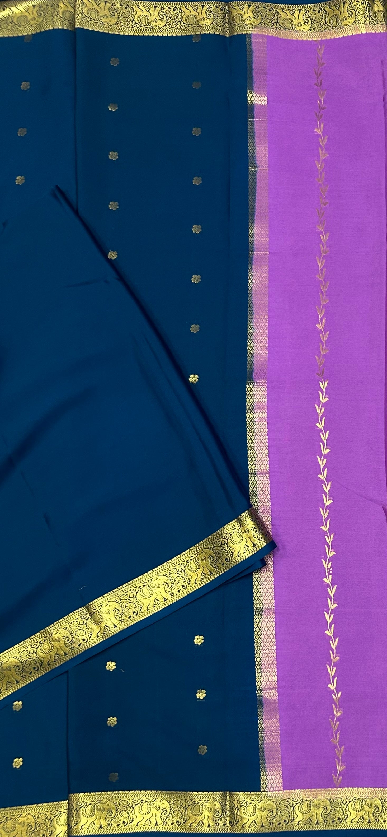 Lilac n dark Rama green  partly pallu  Pure Mysore silk 103 crepe saree