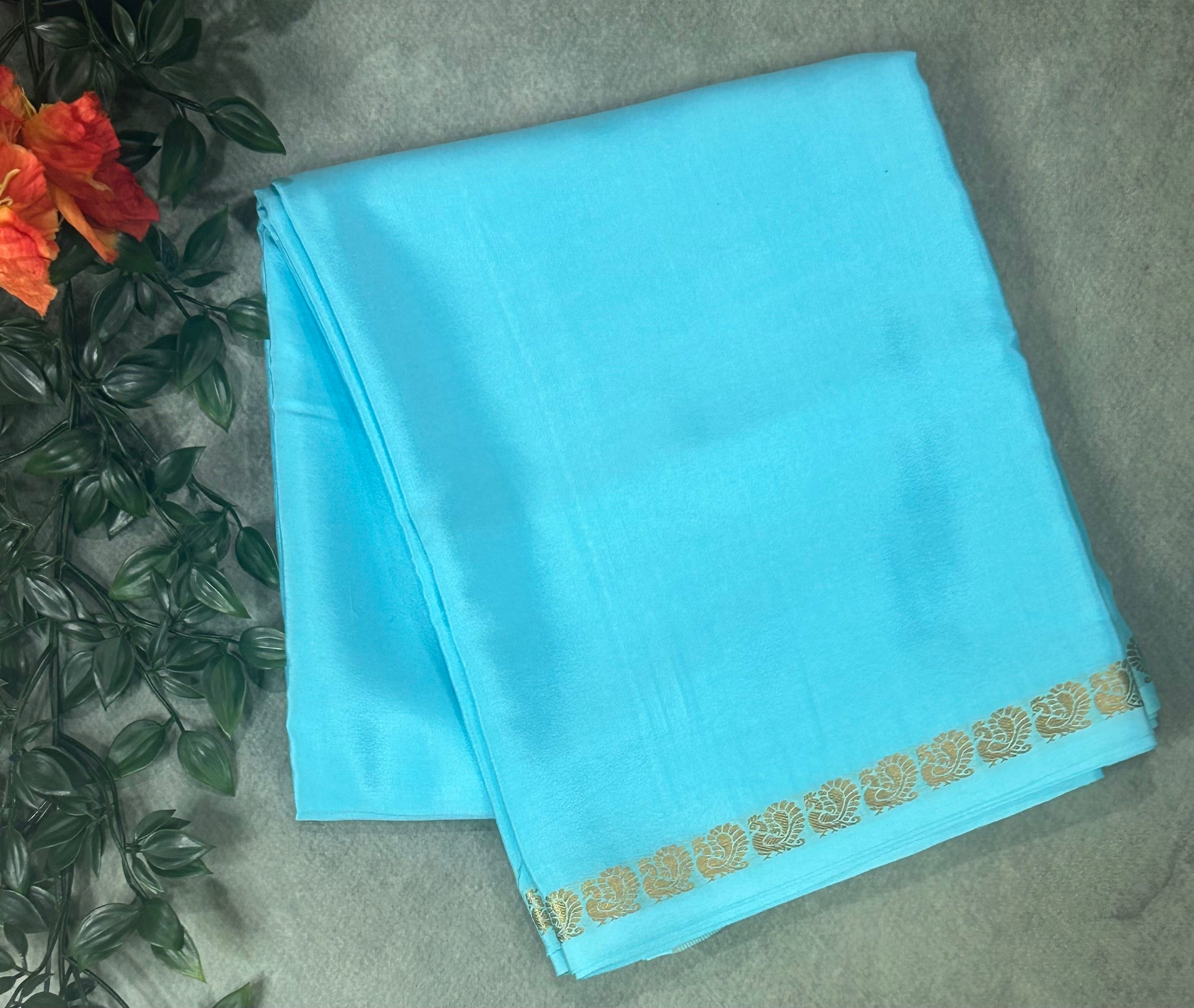 Sky blue plain one inch pure mysore silk-12 saree