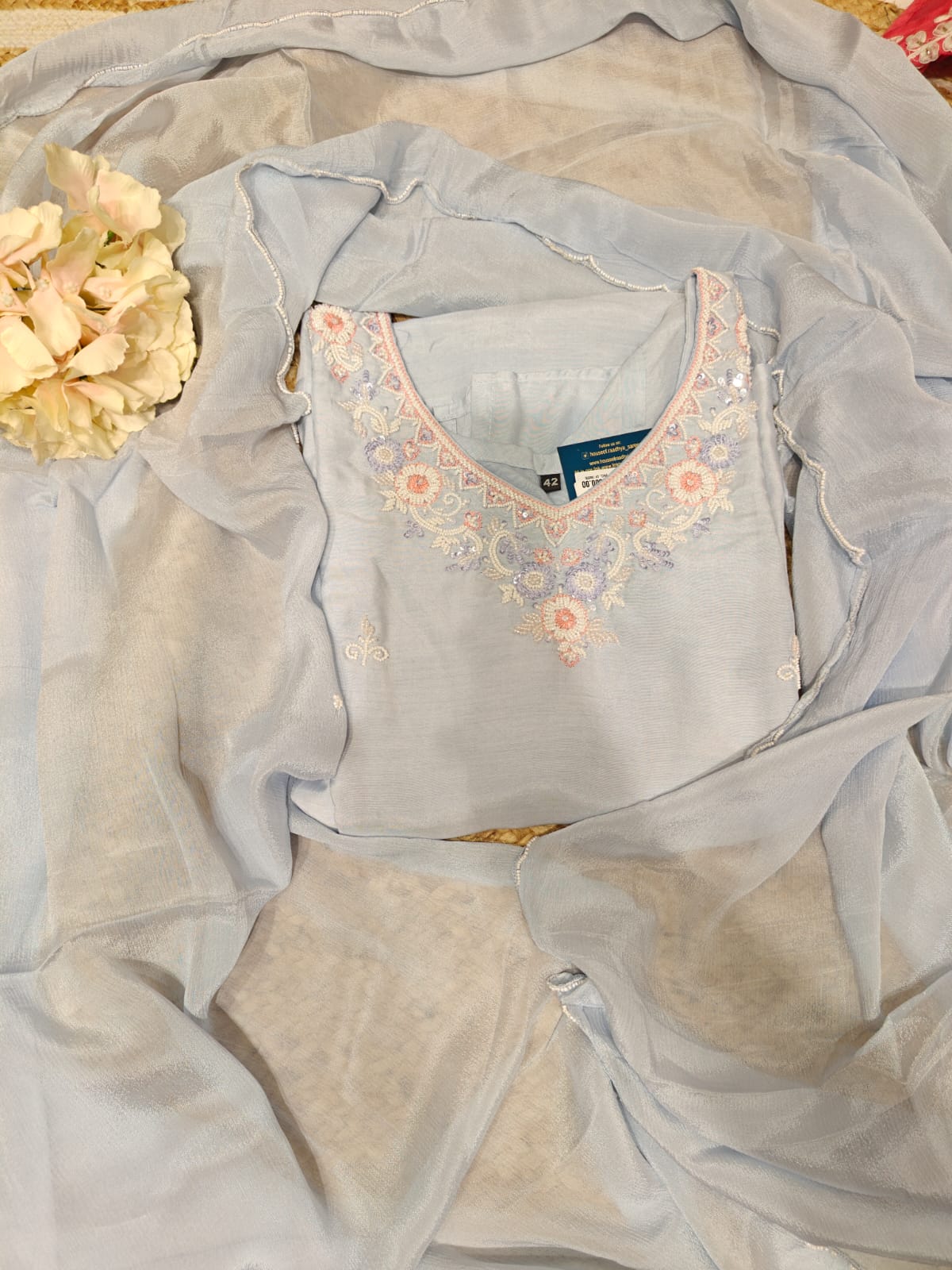 Sky blue Dola silk Pastel Kurtha with Pearl handwork embroidery work