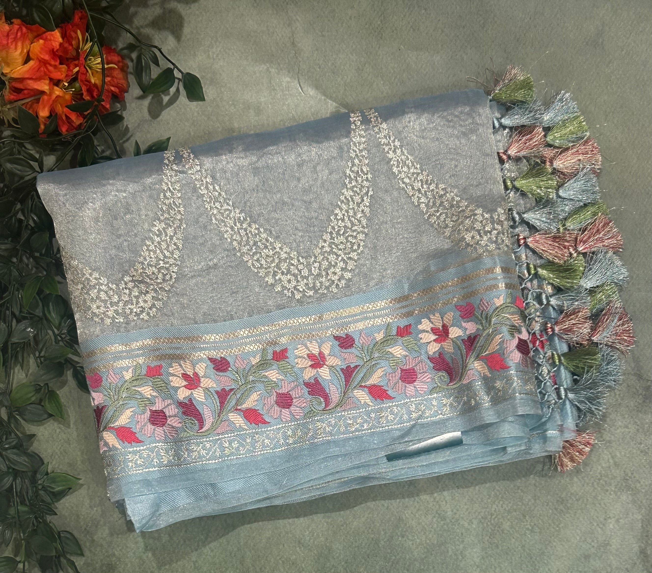 Pastel blue embrodiery pure organza tissue 103 saree