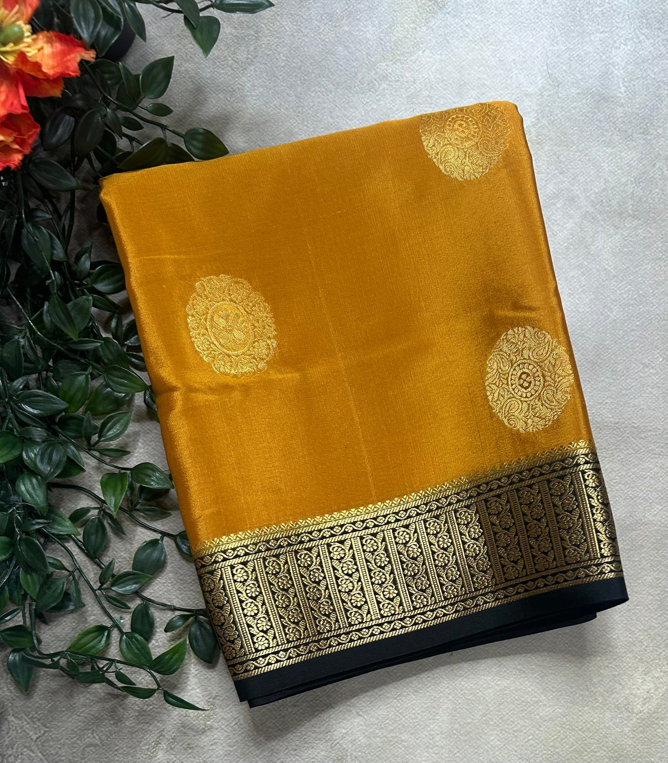 Mustard yellow n black big Butta pure Mysore silk-104 saree