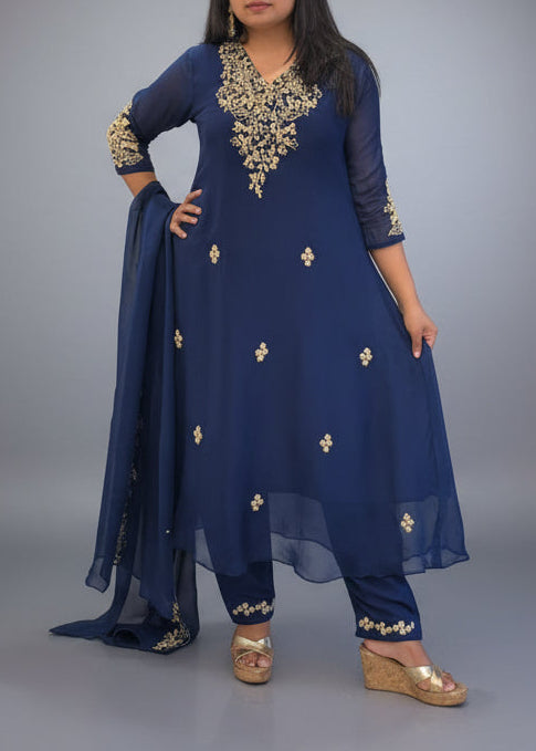 Dark Blue Chinnon Hand Embroidery Airline Kurtha 673