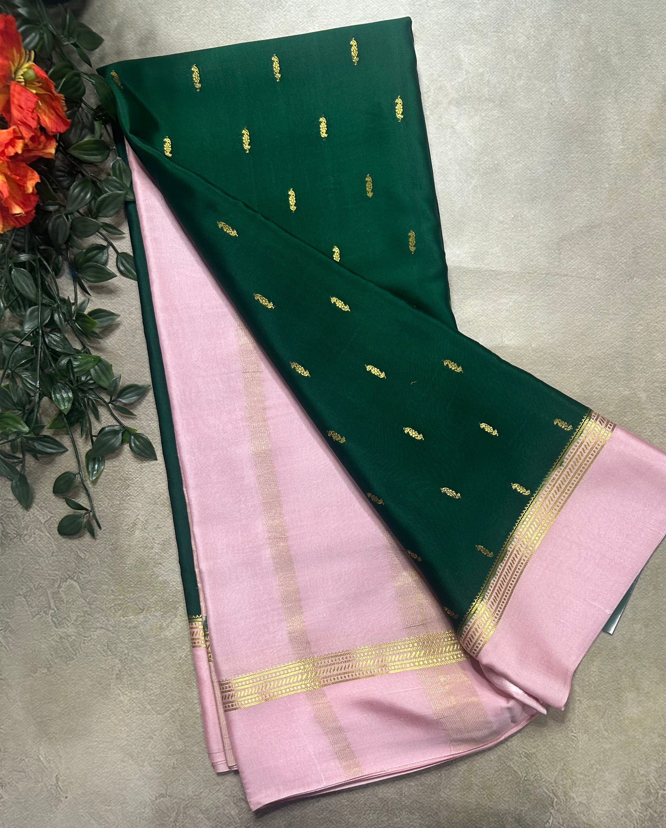 Bottle green contrast border pure Mysore silk 105 saree