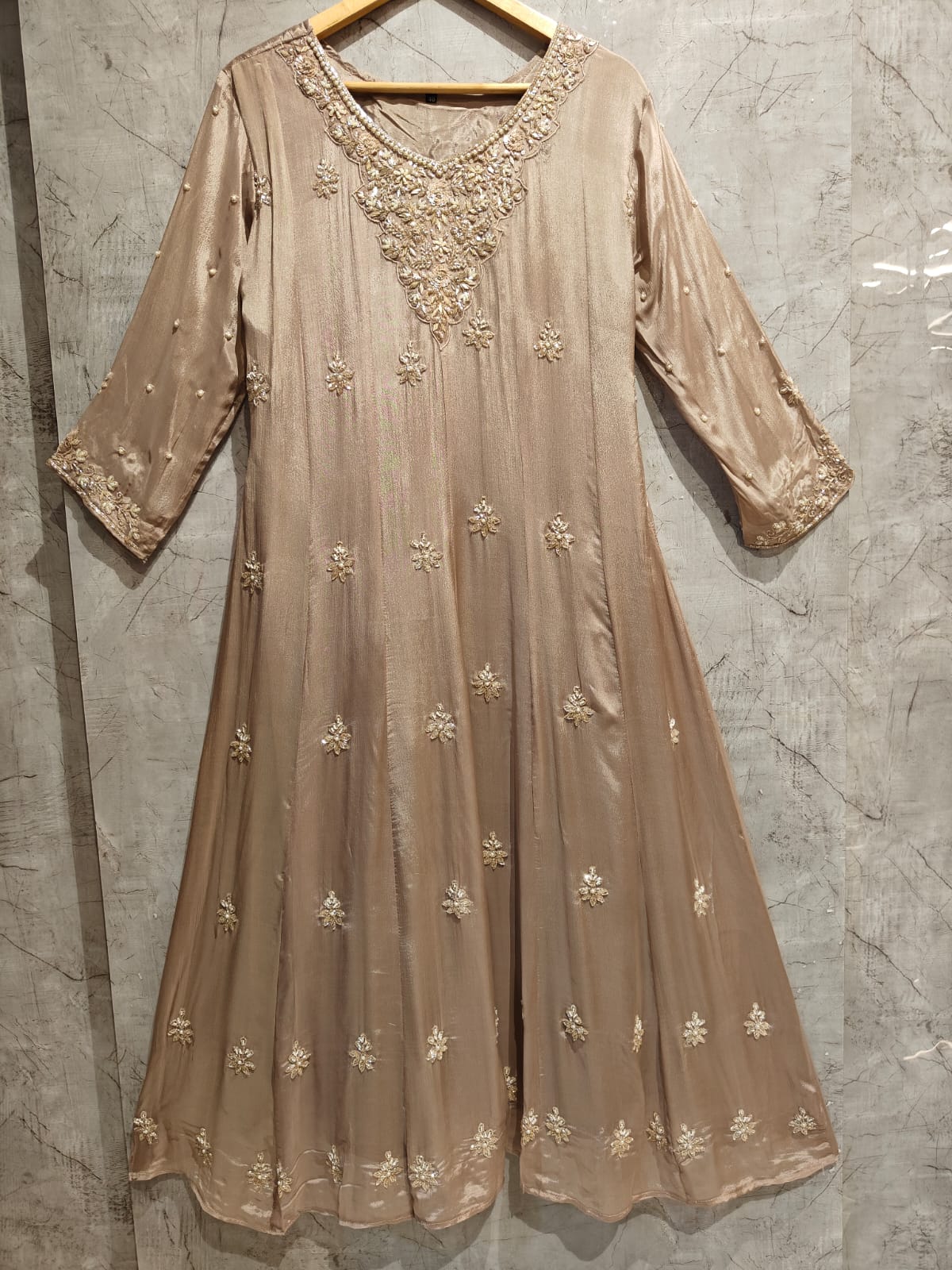 BEIGE Anarkali Chinnon Hand Embroidery Kurtha 567