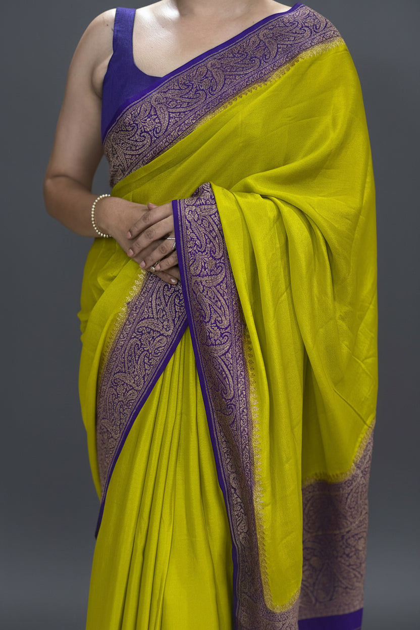 Neon green n purple pure Benarasi crepe 105 saree