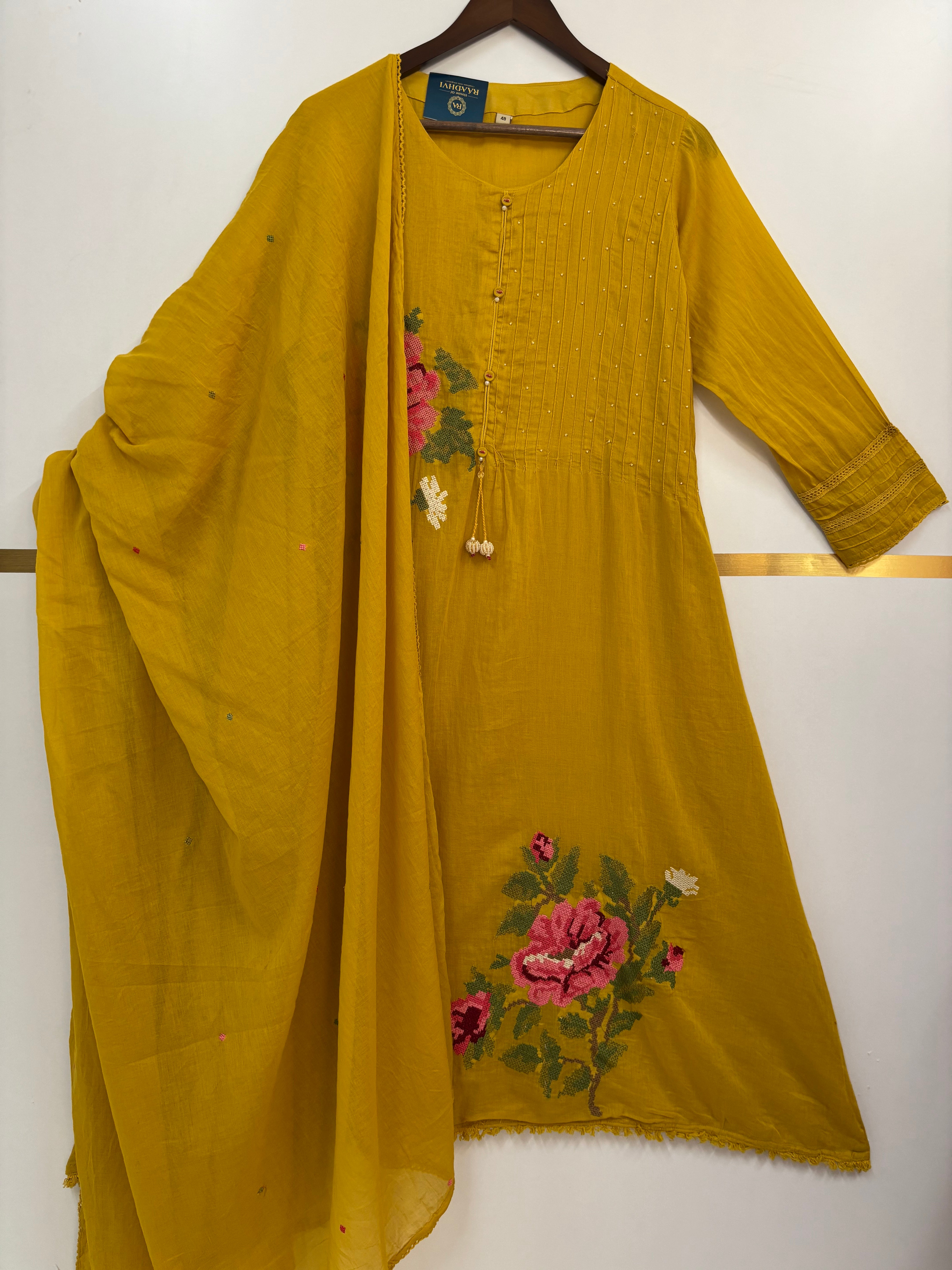 Yellow Cotton Hand Embroidery Airline Kurtha