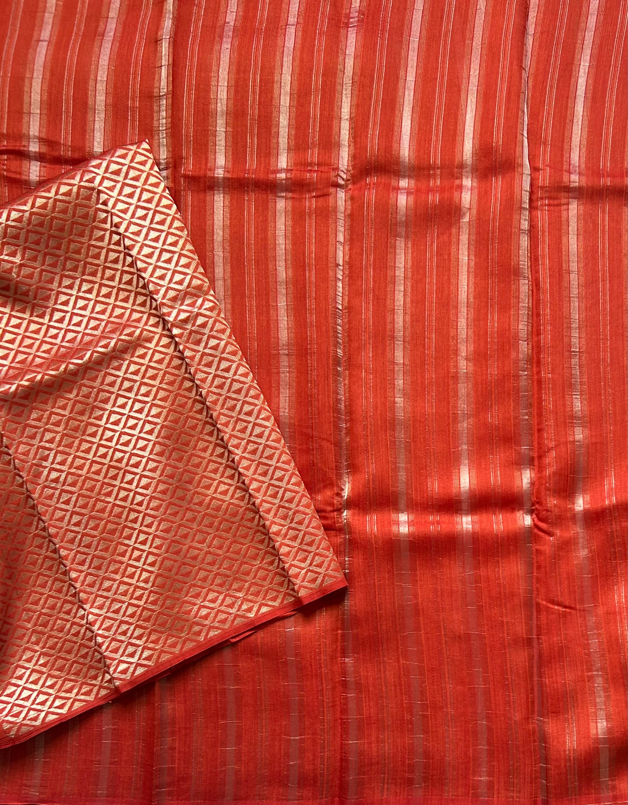 Rust orange stripes pure organza tissue 103 saree