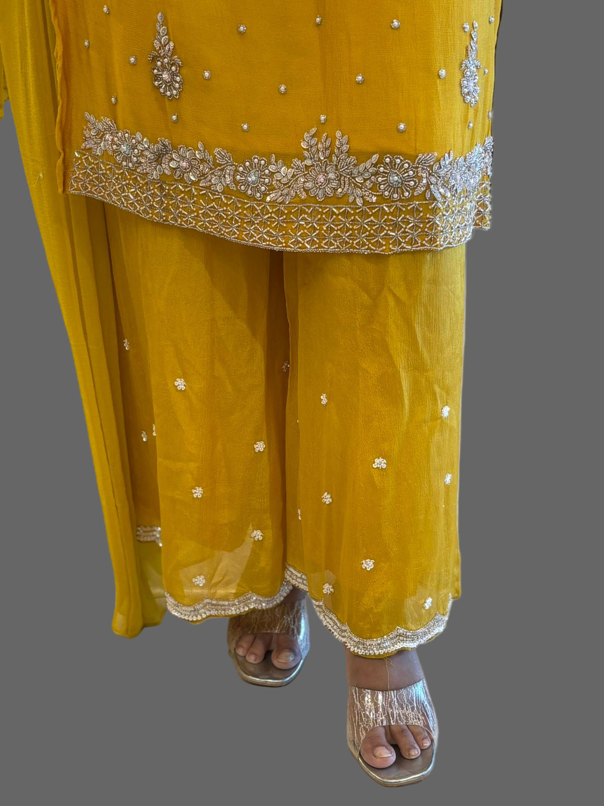 Yellow Chinnon Hand Embroidery Sharara Kurtha 301