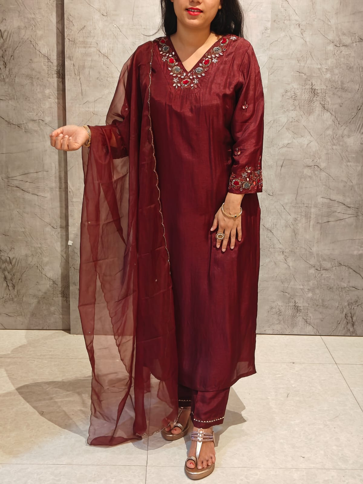 Maroon Dola Silk Hand Embroidery Airline Kurtha